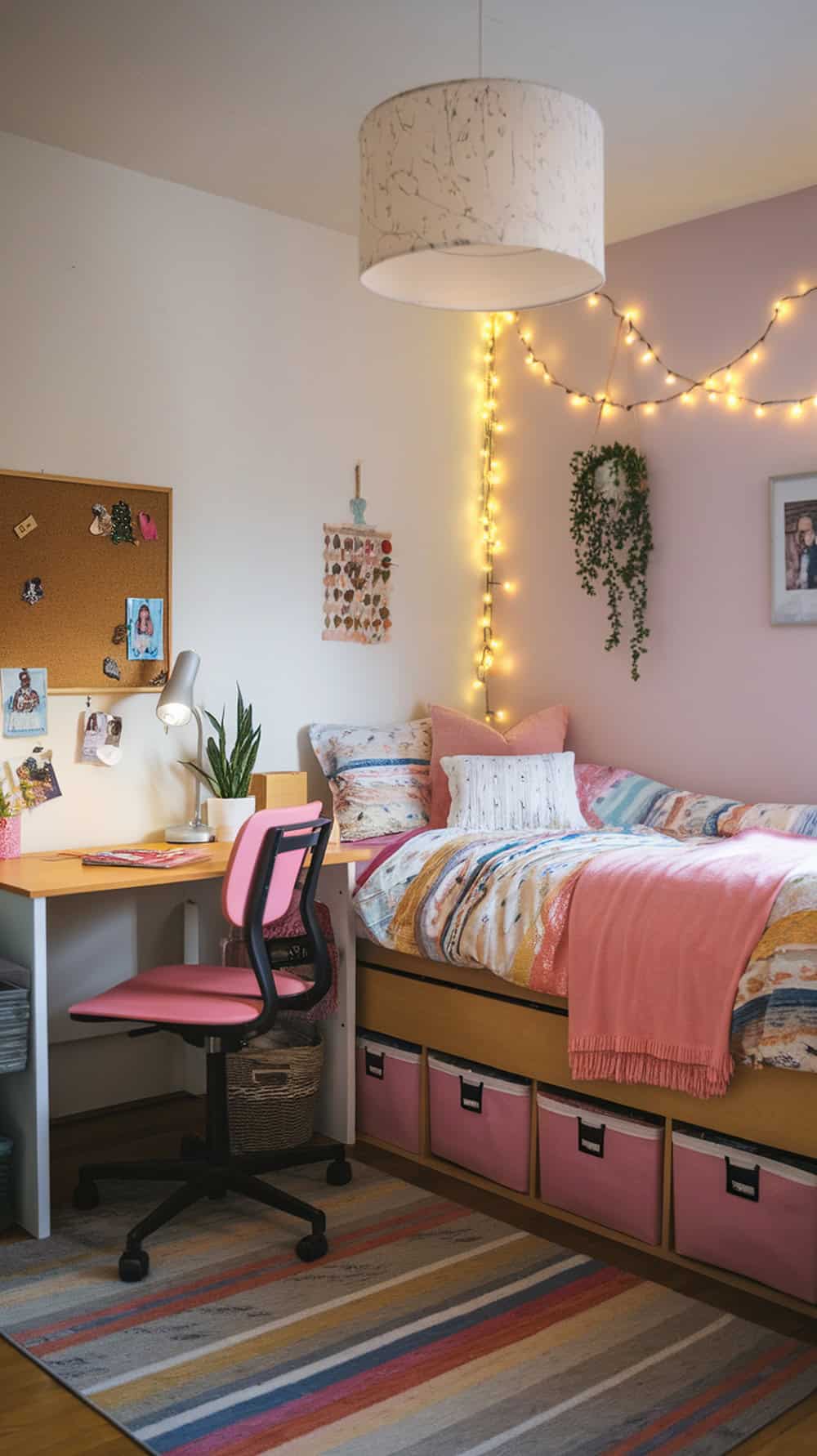 A dorm room with pink storage bins under the bed for organization.