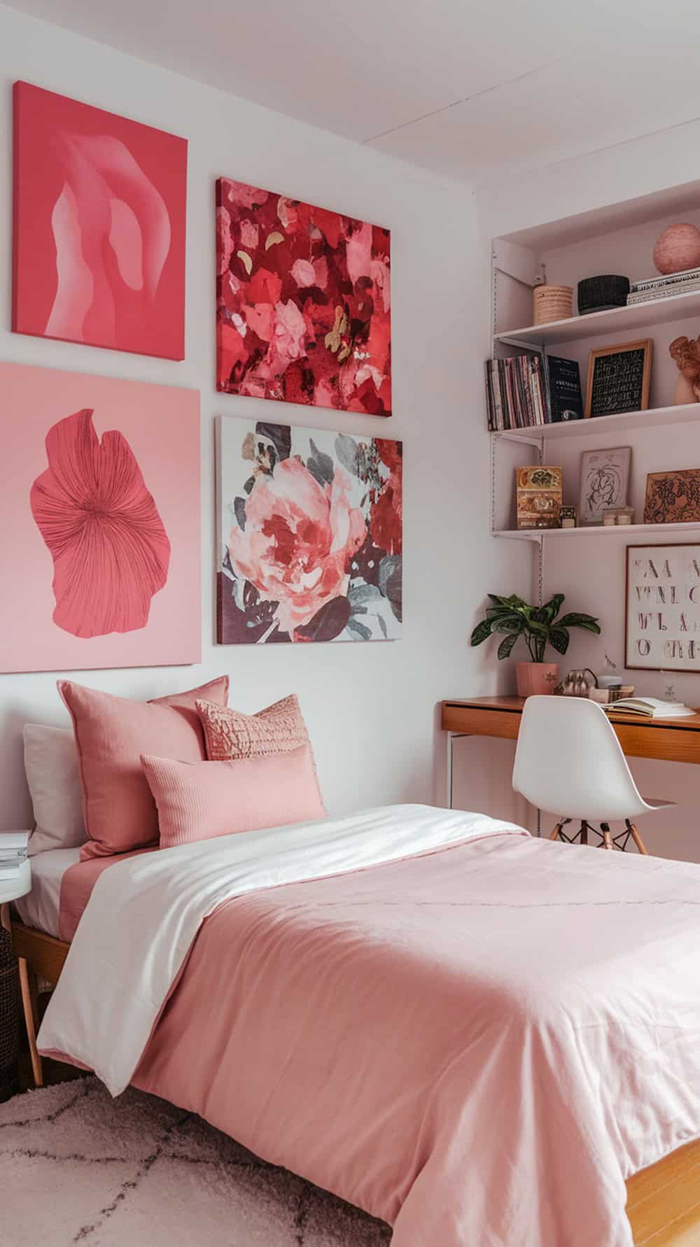 A cozy pink dorm room featuring pink wall art and a neatly made bed.