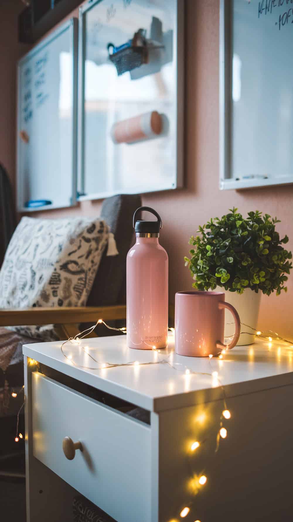 A pink water bottle and mug on a nightstand with fairy lights and a small plant.