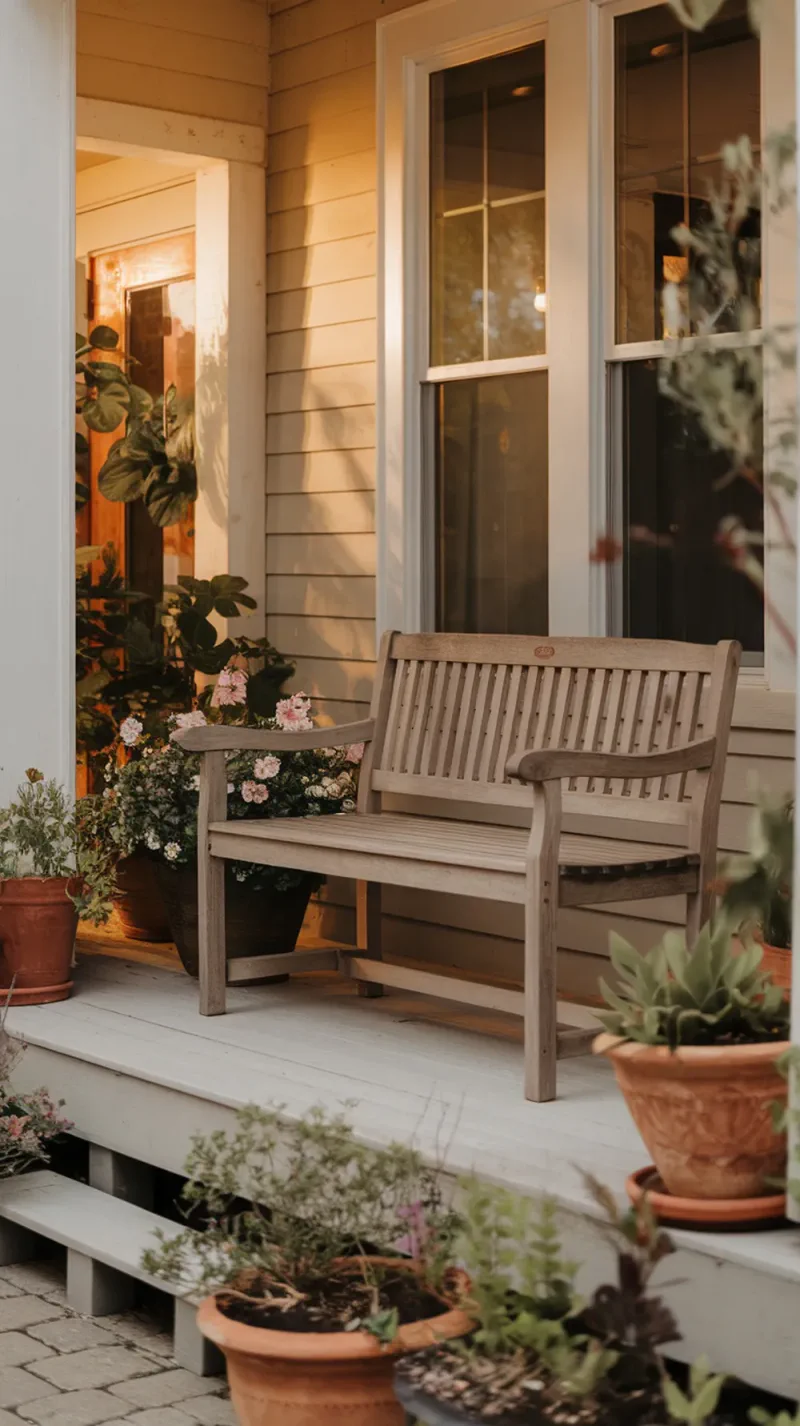 A wooden bench on a front porch surrounded by potted plants.