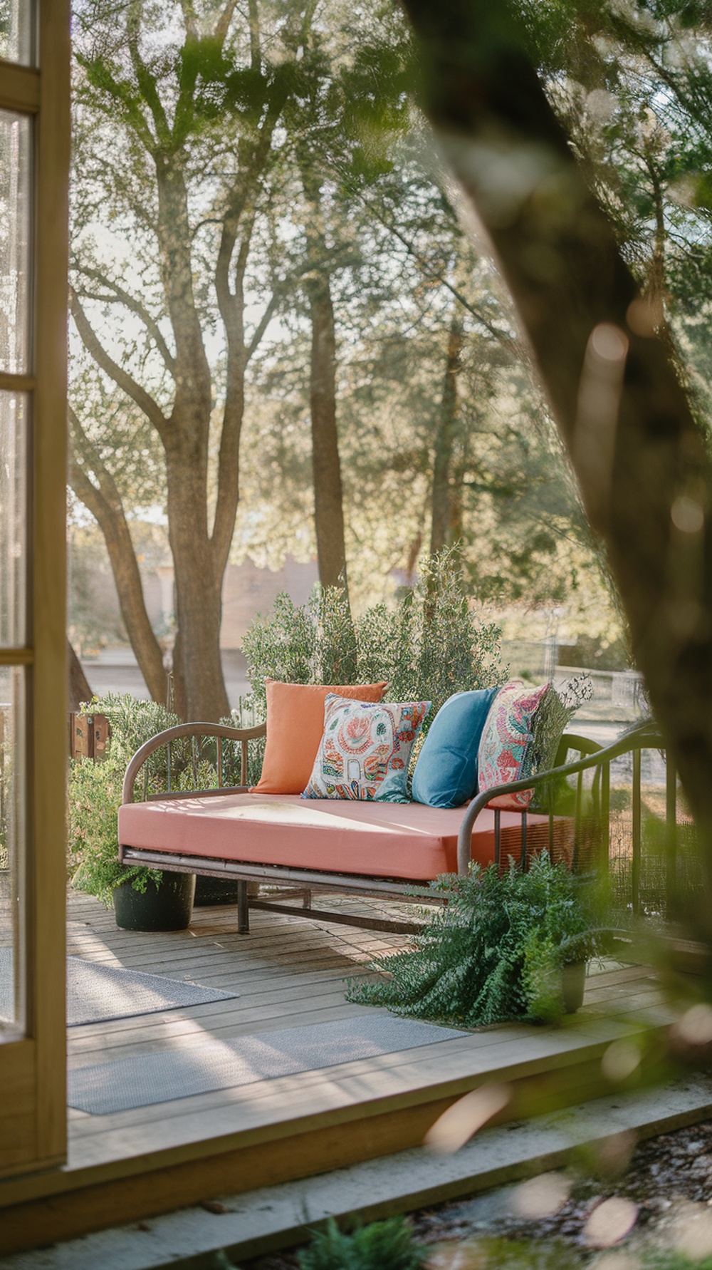 A cozy porch with a daybed featuring colorful cushions surrounded by greenery.