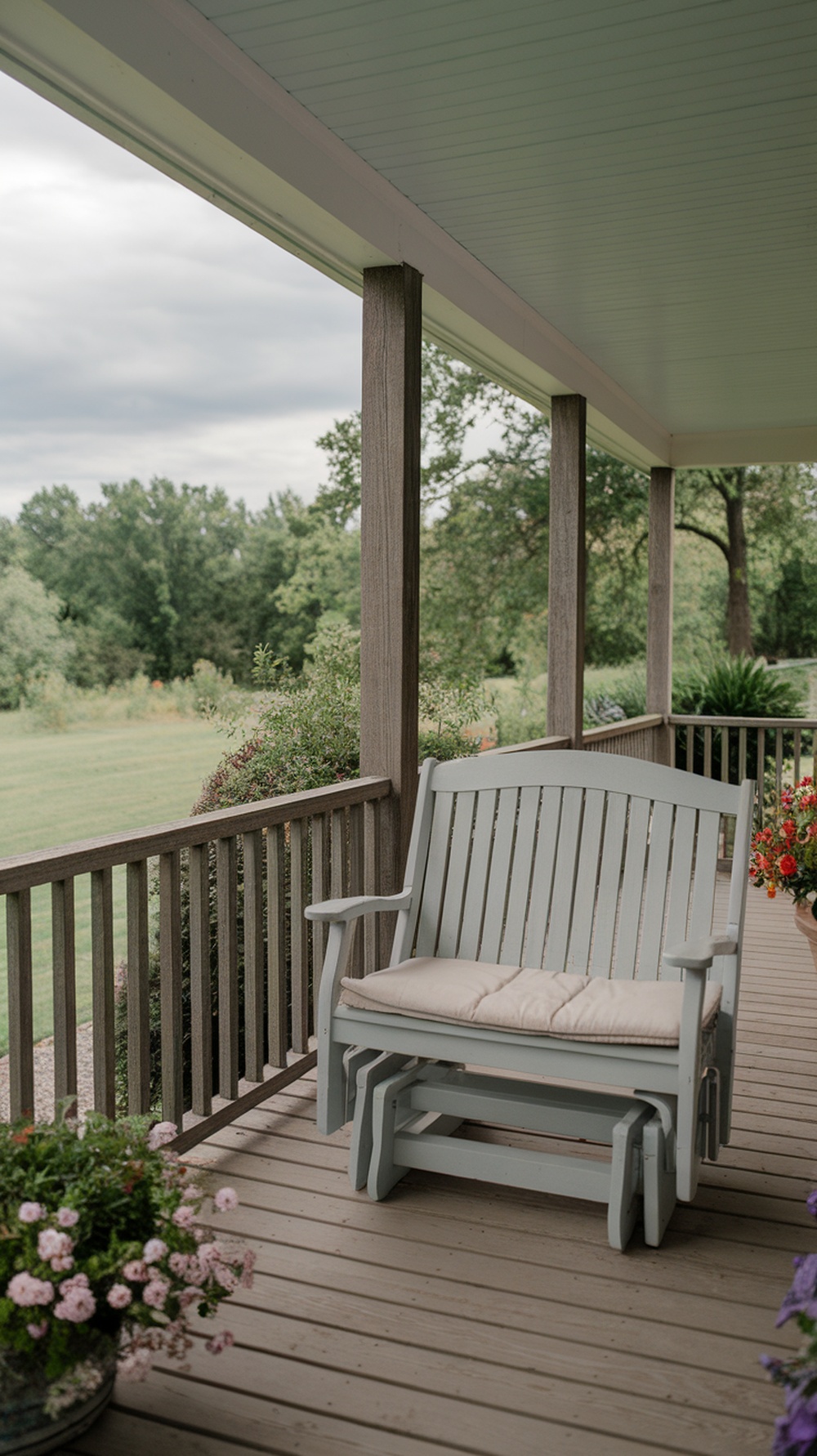 A soft-colored glider bench on a porch, surrounded by greenery and flowers.