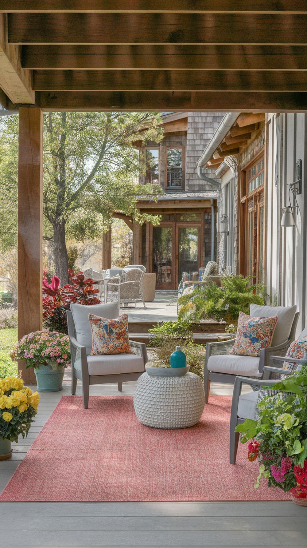 Cozy seating area on a front porch with a large outdoor rug, stylish chairs, and colorful plants.