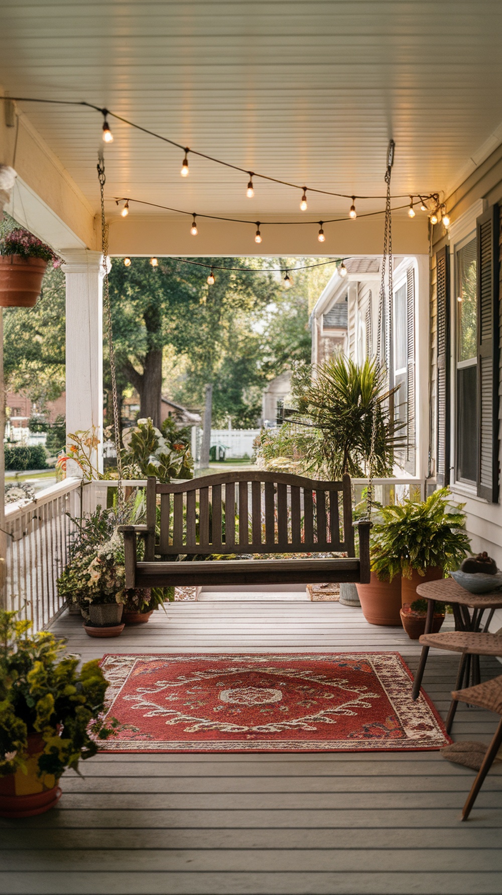 A cozy porch with a wooden swing and a bright red rug underneath, surrounded by plants.