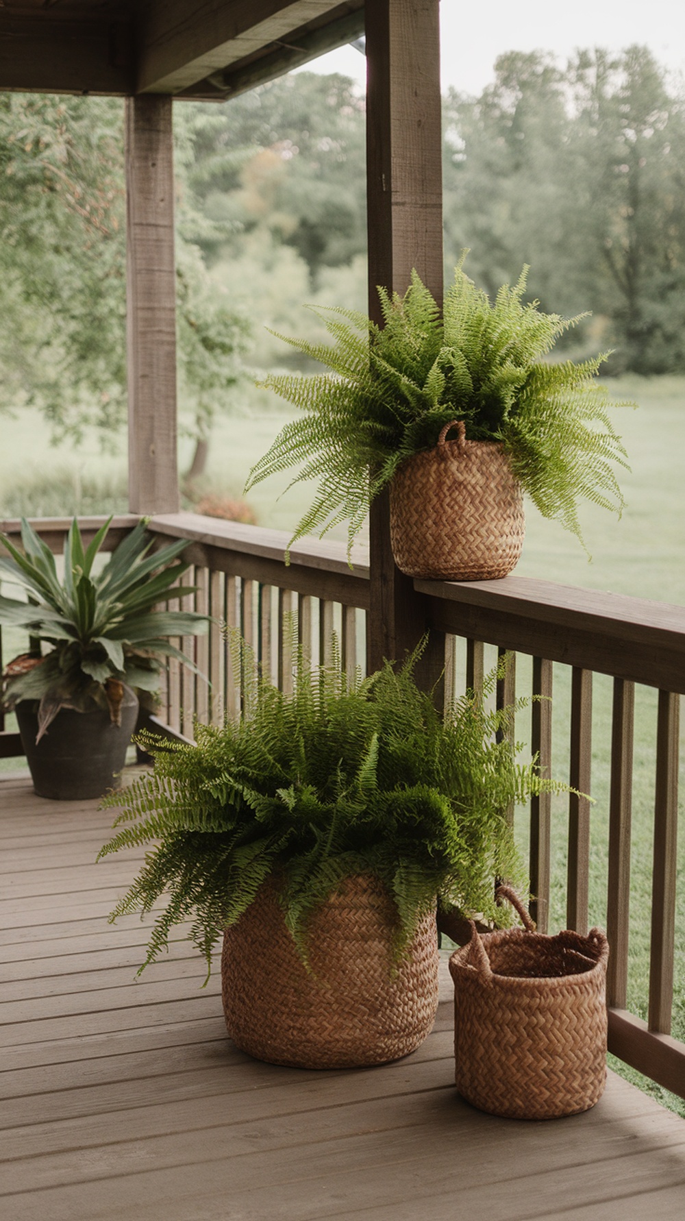 Two woven baskets with ferns on a porch, creating a natural and welcoming atmosphere.