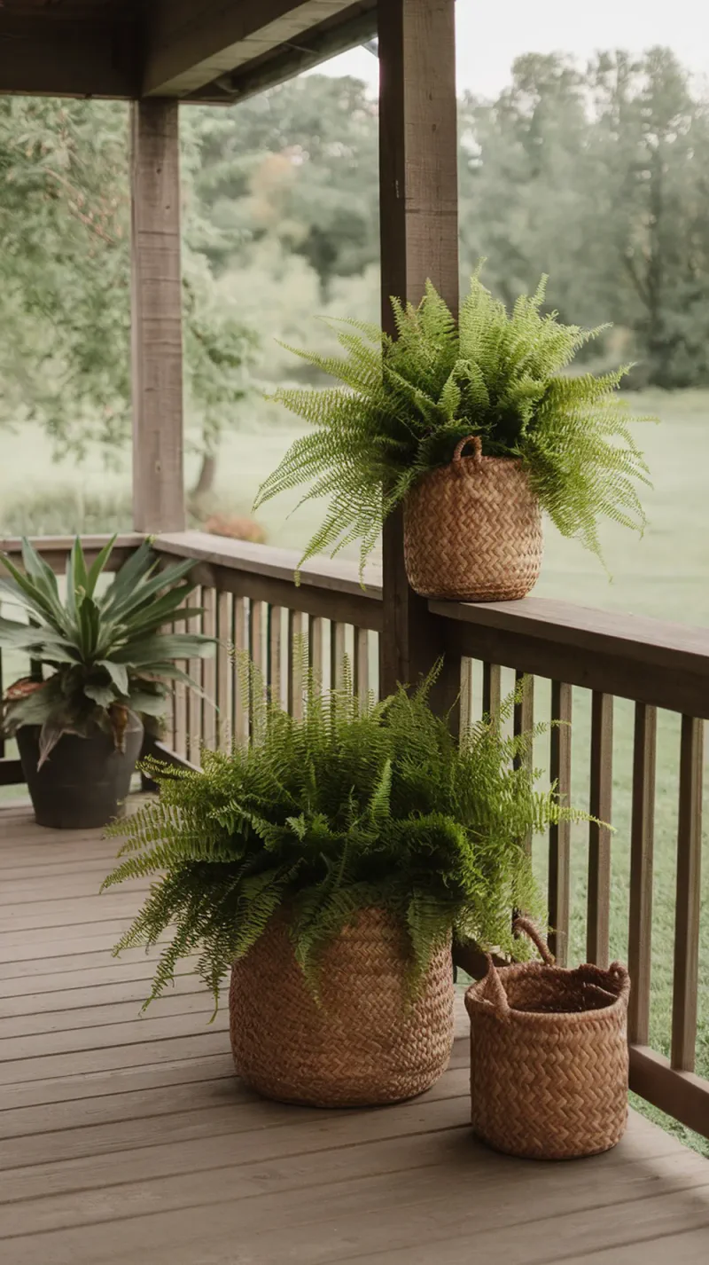 Two woven baskets with ferns on a porch, creating a natural and welcoming atmosphere.