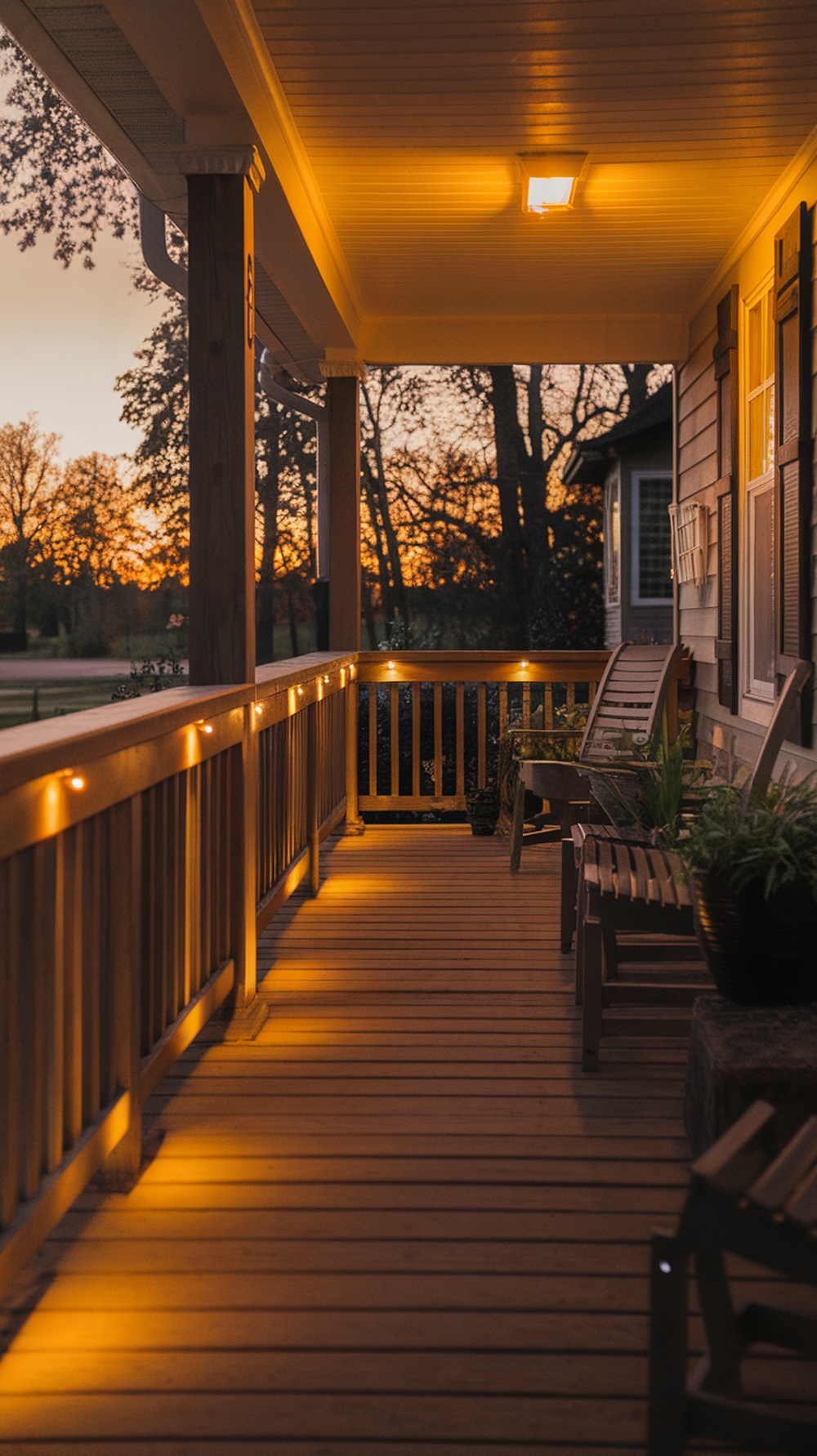 A front porch with small LED lights under the railing, glowing softly at sunset.