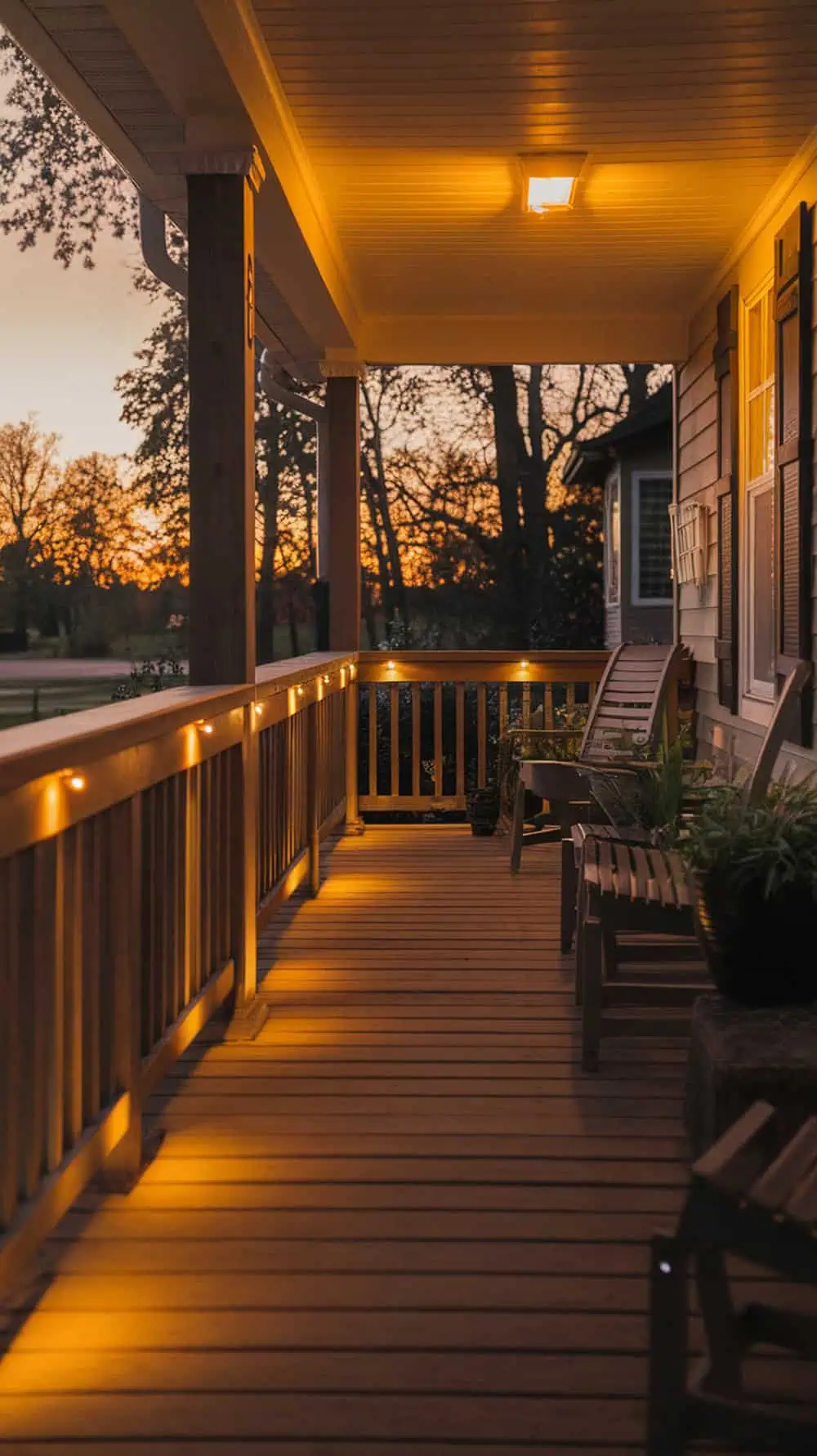 A front porch with small LED lights under the railing, glowing softly at sunset.
