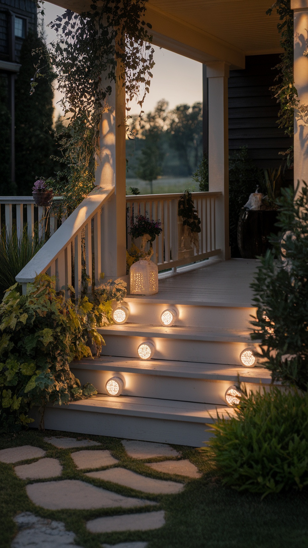 Solar-powered lights illuminating porch steps