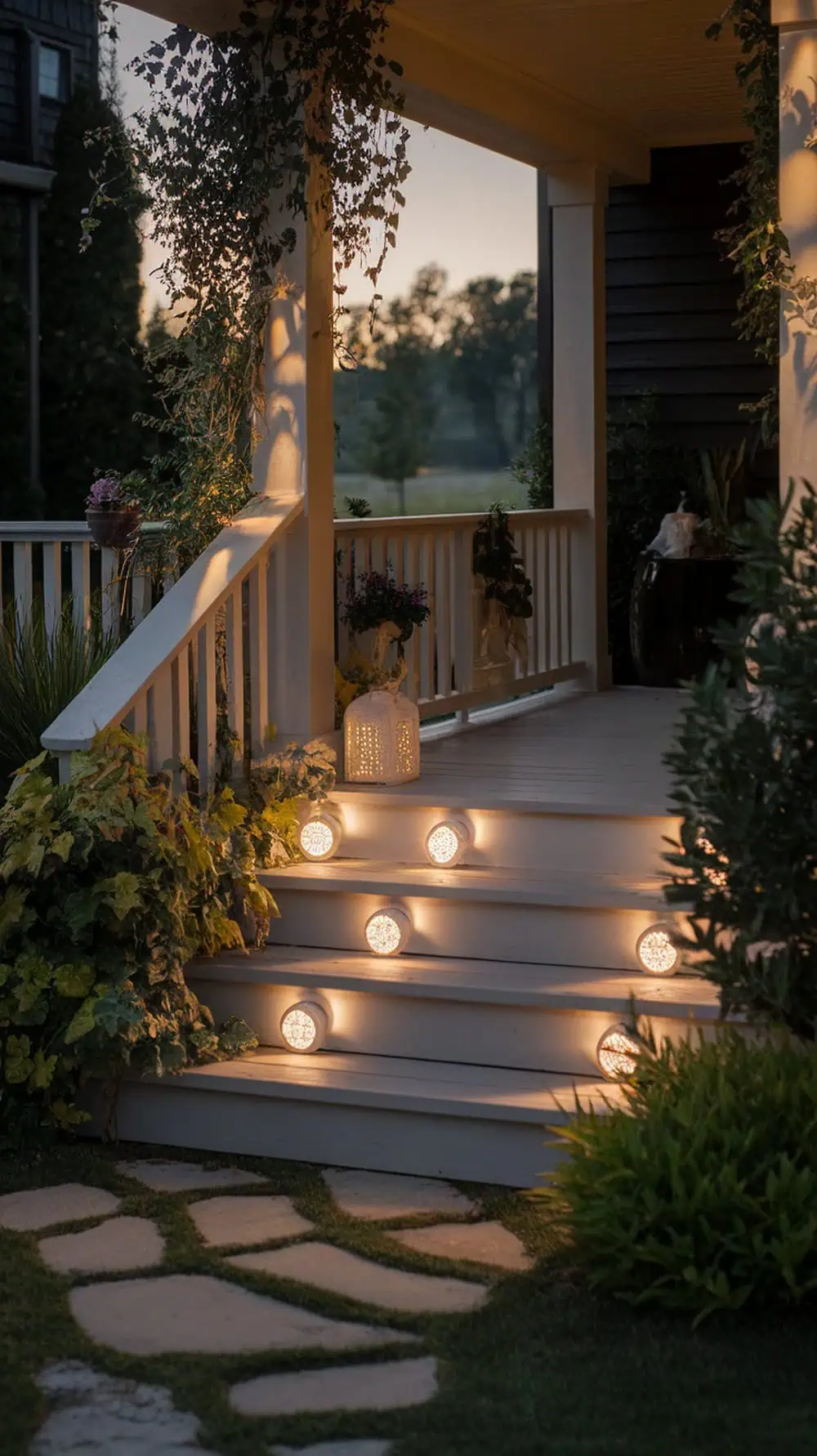 Solar-powered lights illuminating porch steps