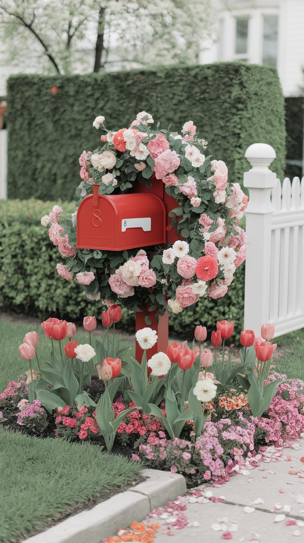 Colorful flowers planted around a red mailbox in a front yard.