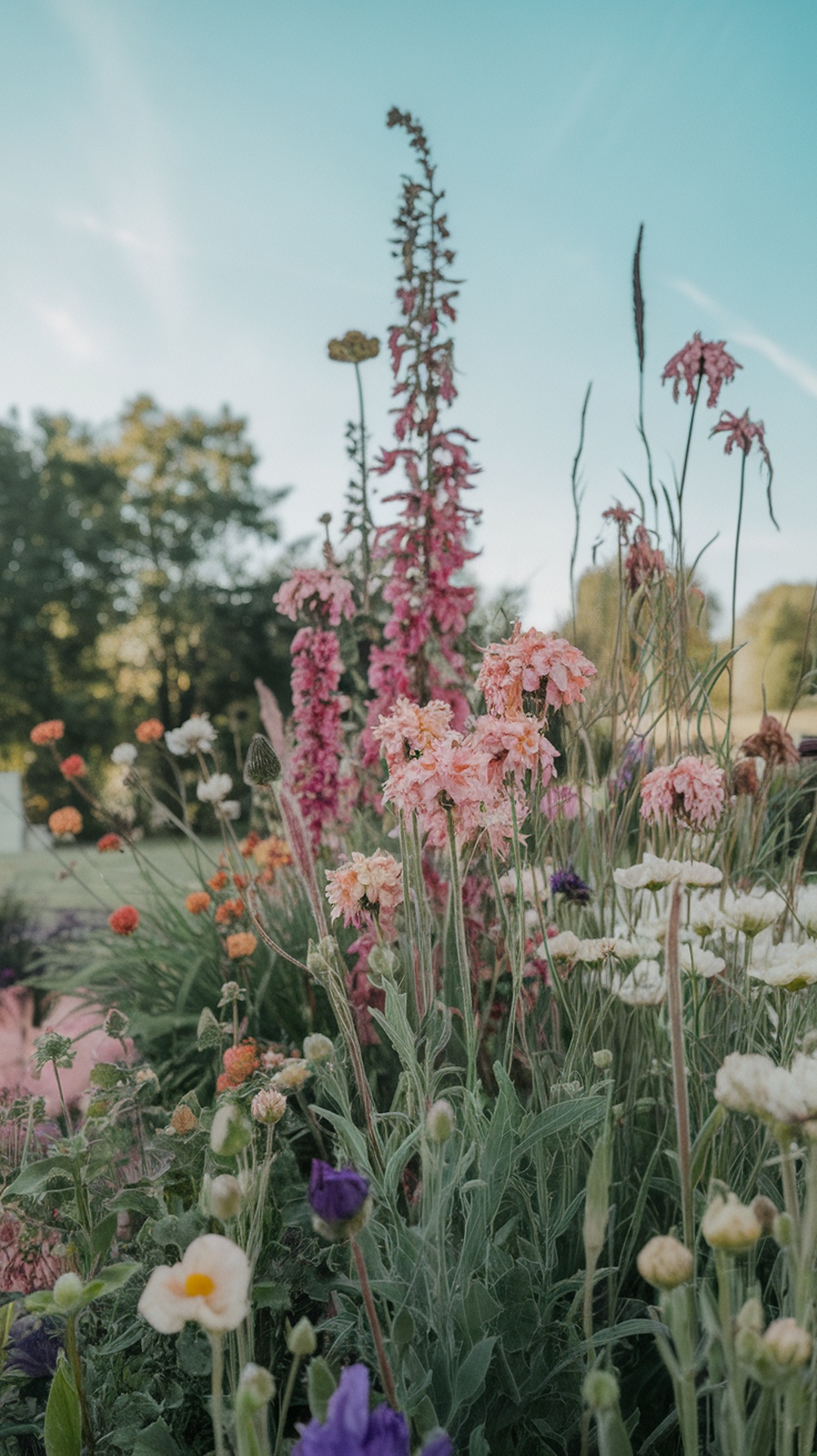 A colorful flower bed with tall flowers in the back and shorter flowers in the front.