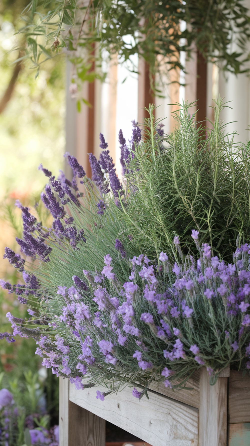 Lavender and rosemary plants in a wooden planter