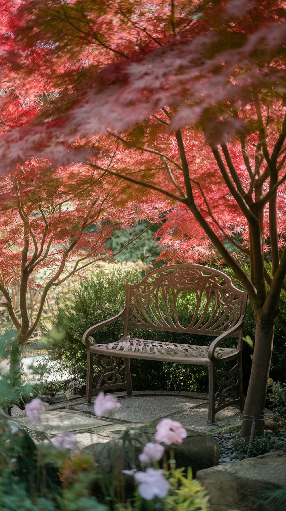 A serene garden scene with a bench surrounded by Japanese maple trees, showcasing their vibrant colors.