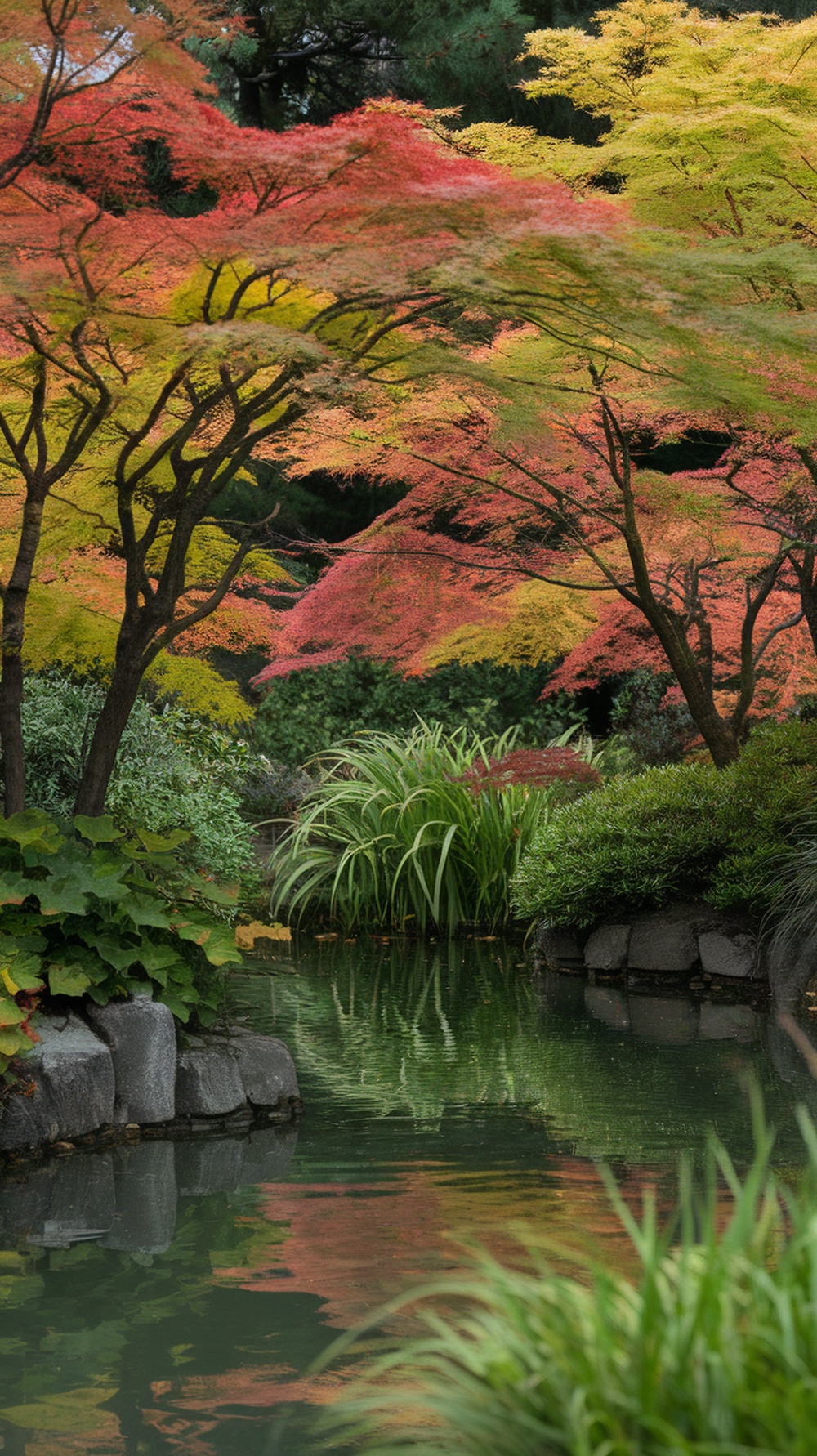 A scenic view of colorful Japanese maple trees near a small pond, reflecting their vibrant leaves in the water.