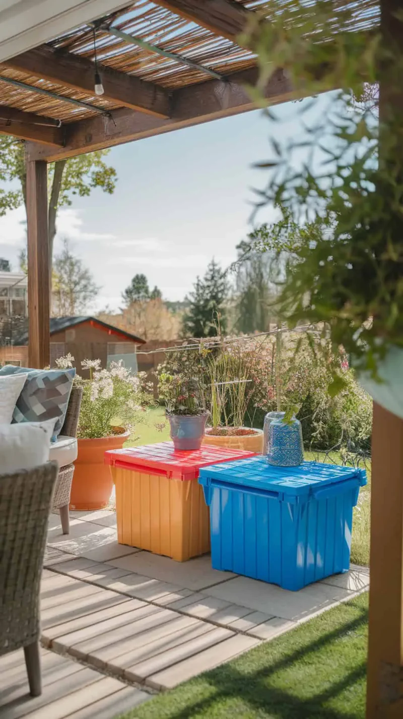 Colorful plastic storage bins used as side tables on a patio.