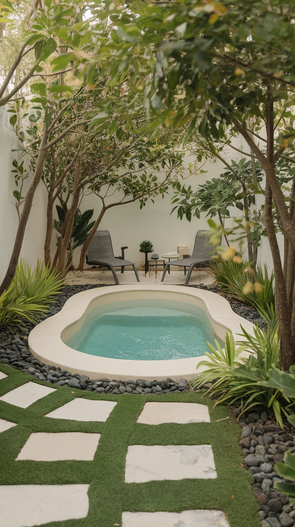 A cozy plunge pool tucked into a corner surrounded by greenery and two chairs.