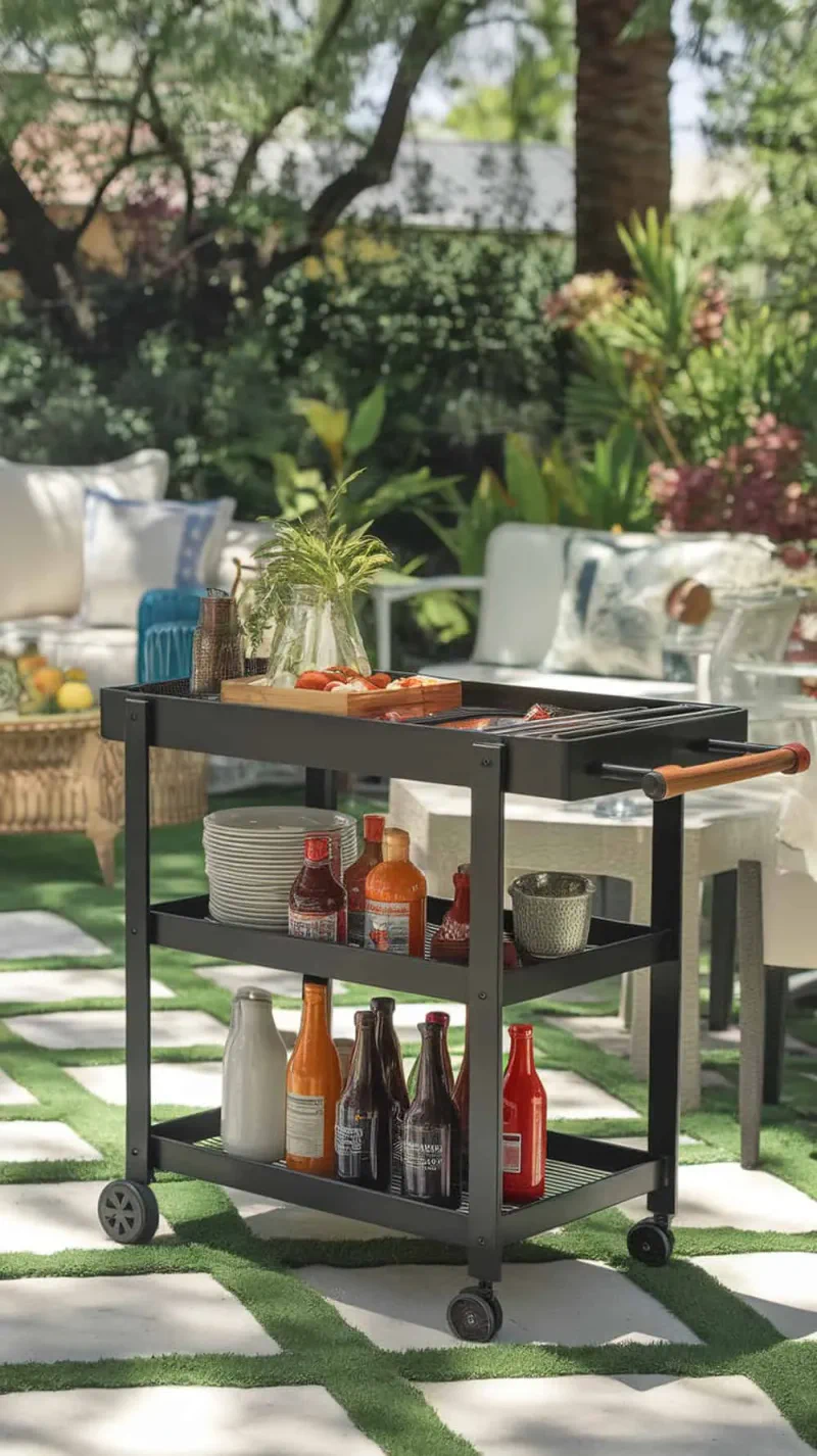 A portable BBQ cart with shelves that hold sauces and cooking tools, set in a backyard.