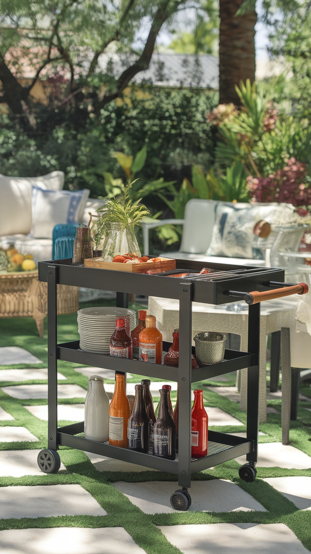 A portable BBQ cart with shelves that hold sauces and cooking tools, set in a backyard.