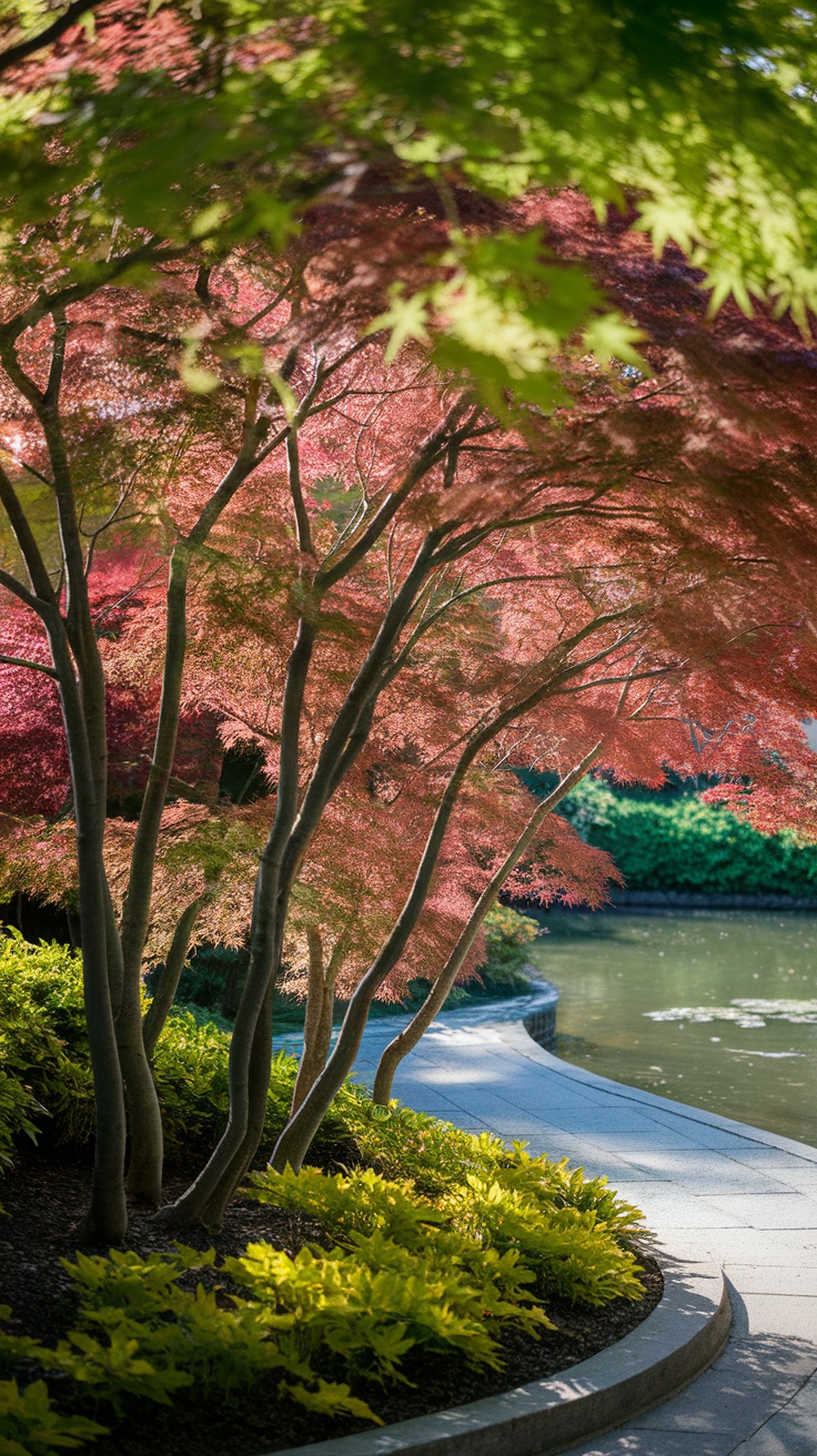 Japanese maple trees beside a walkway, showcasing vibrant colors and inviting visual flow.