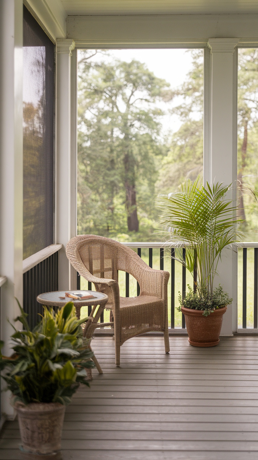 A cozy screened-in porch featuring potted plants in corners, a comfy chair, and a small table.