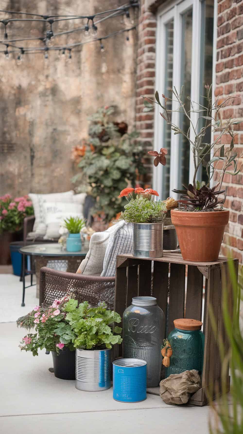 A cozy patio with potted plants in reused containers, creating a charming garden feel.