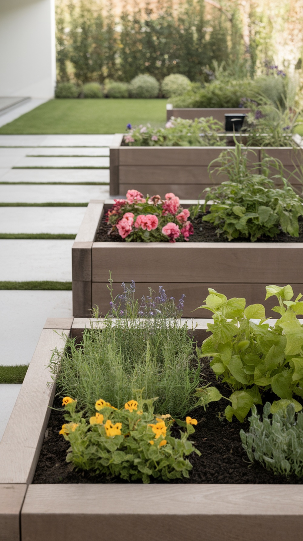 Modern front yard landscaping featuring raised beds with wooden borders filled with various flowers and plants