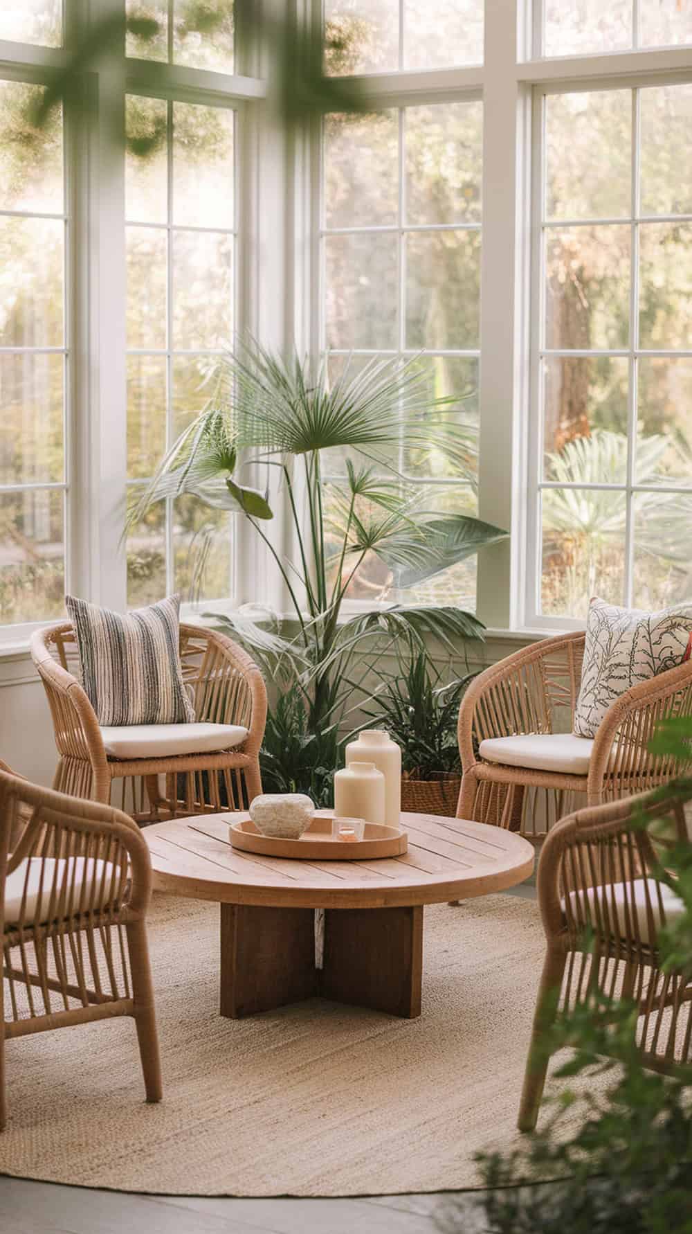 A bright sunroom featuring rattan chairs and a round coffee table surrounded by plants.