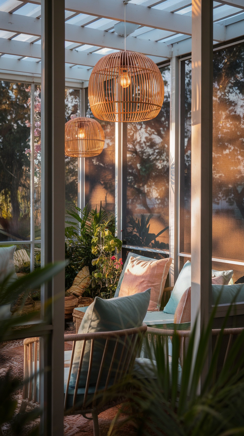 Cozy screened-in porch with rattan light fixtures and soft cushions.