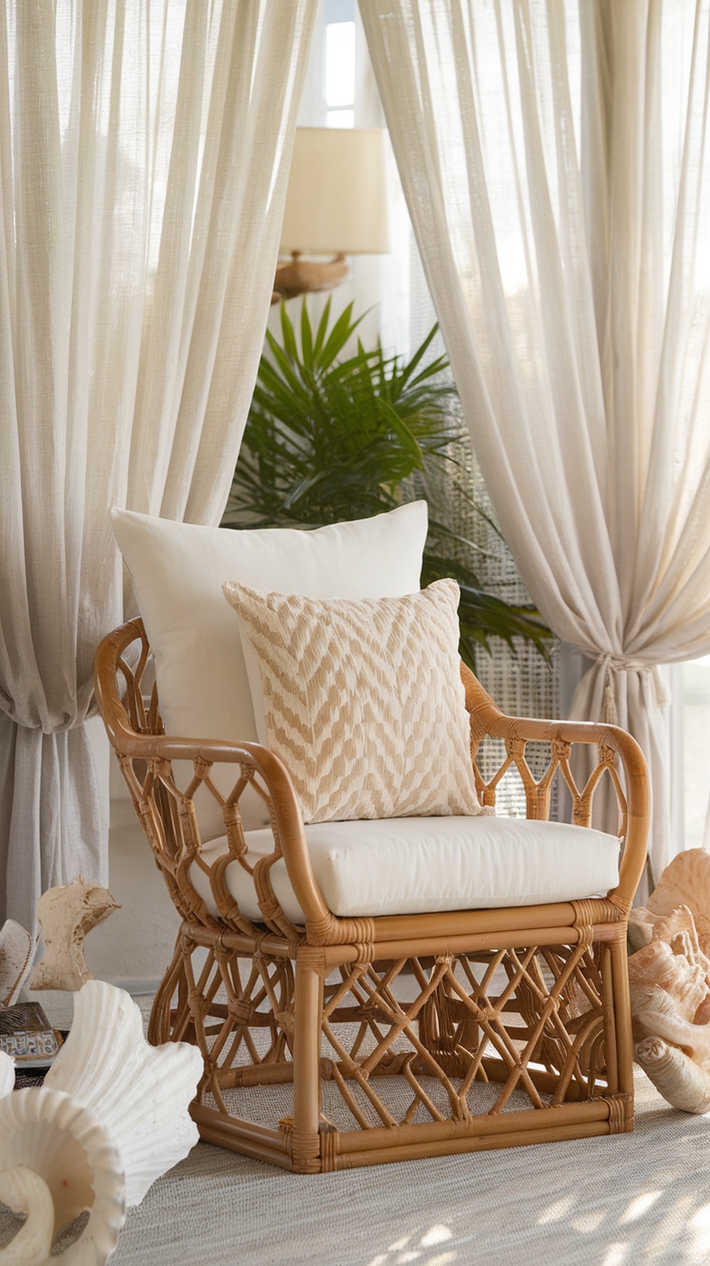 A cozy rattan accent chair with a white cushion and decorative pillow, surrounded by soft curtains.