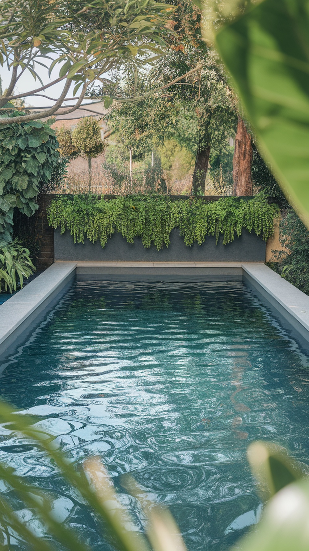 A rectangular pool surrounded by planters filled with greenery.
