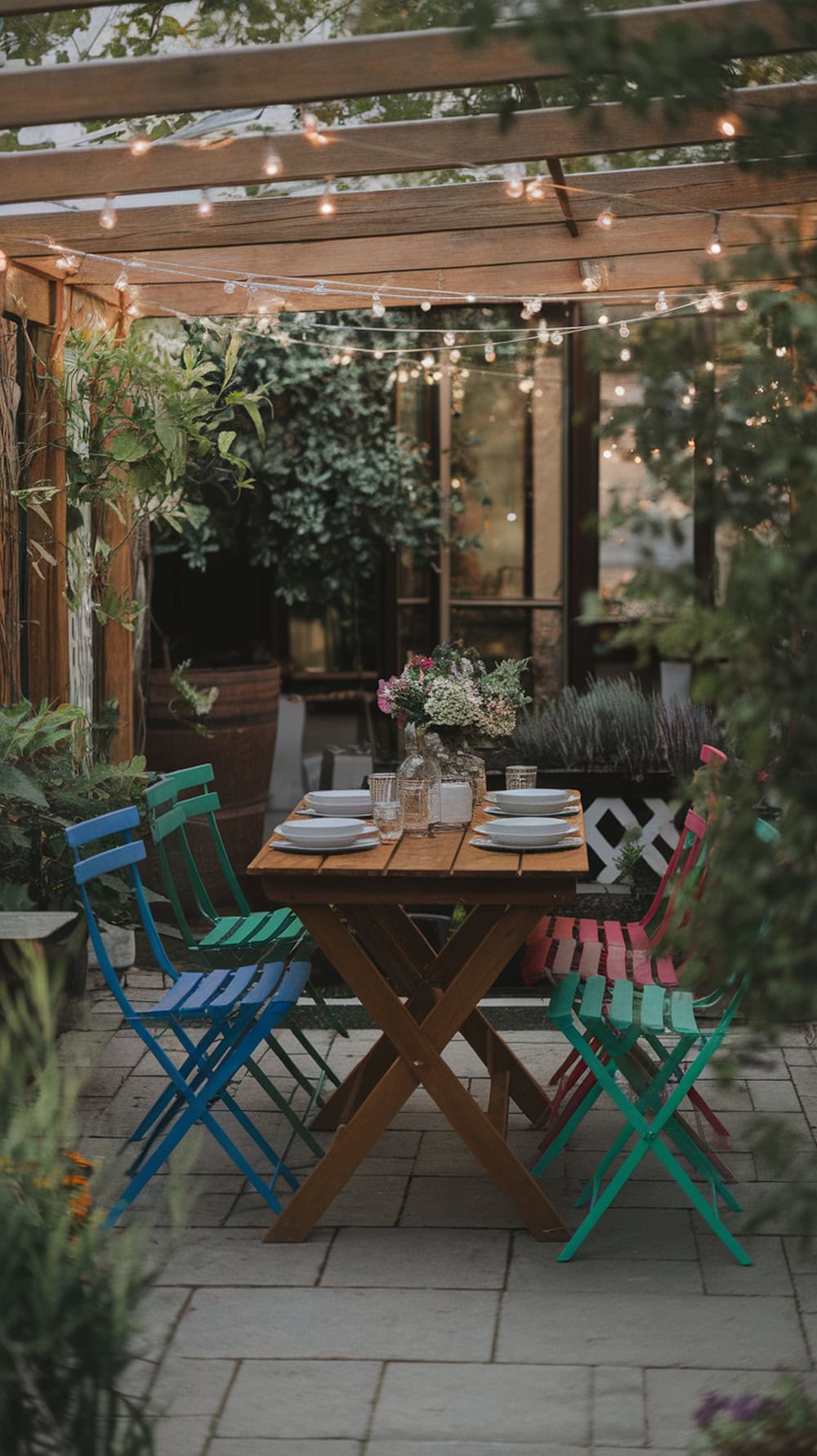 A colorful outdoor dining setup featuring a wooden table surrounded by blue, green, and pink chairs, with string lights overhead.