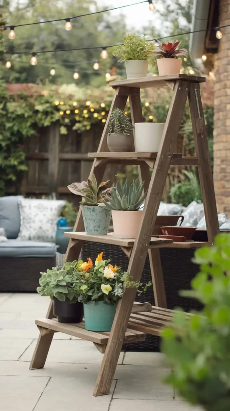 A repurposed wooden ladder used as a plant shelf, filled with various potted plants on a cozy back patio.