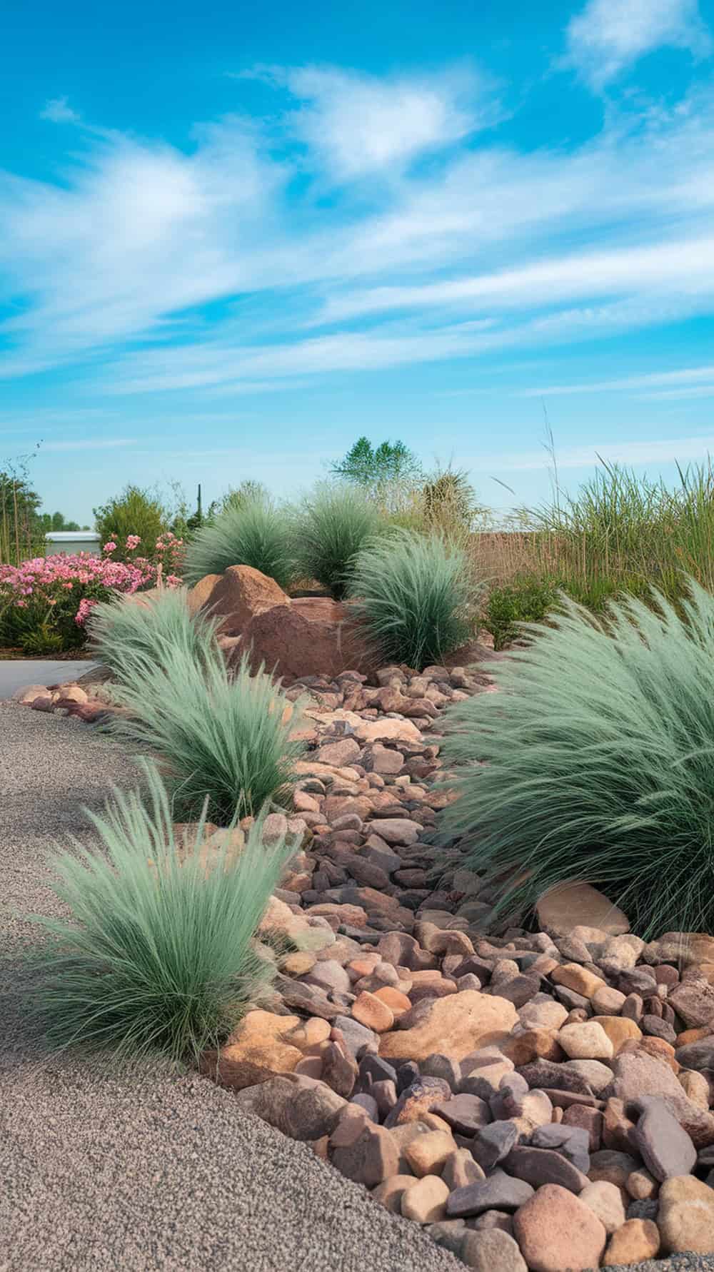 A rock bed paired with decorative grass and some flowers