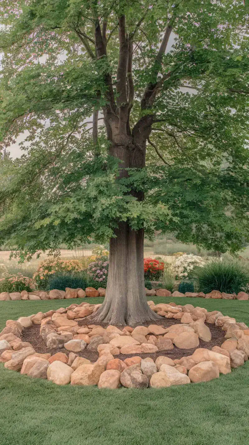 A large tree surrounded by a circular arrangement of rocks in a front yard.
