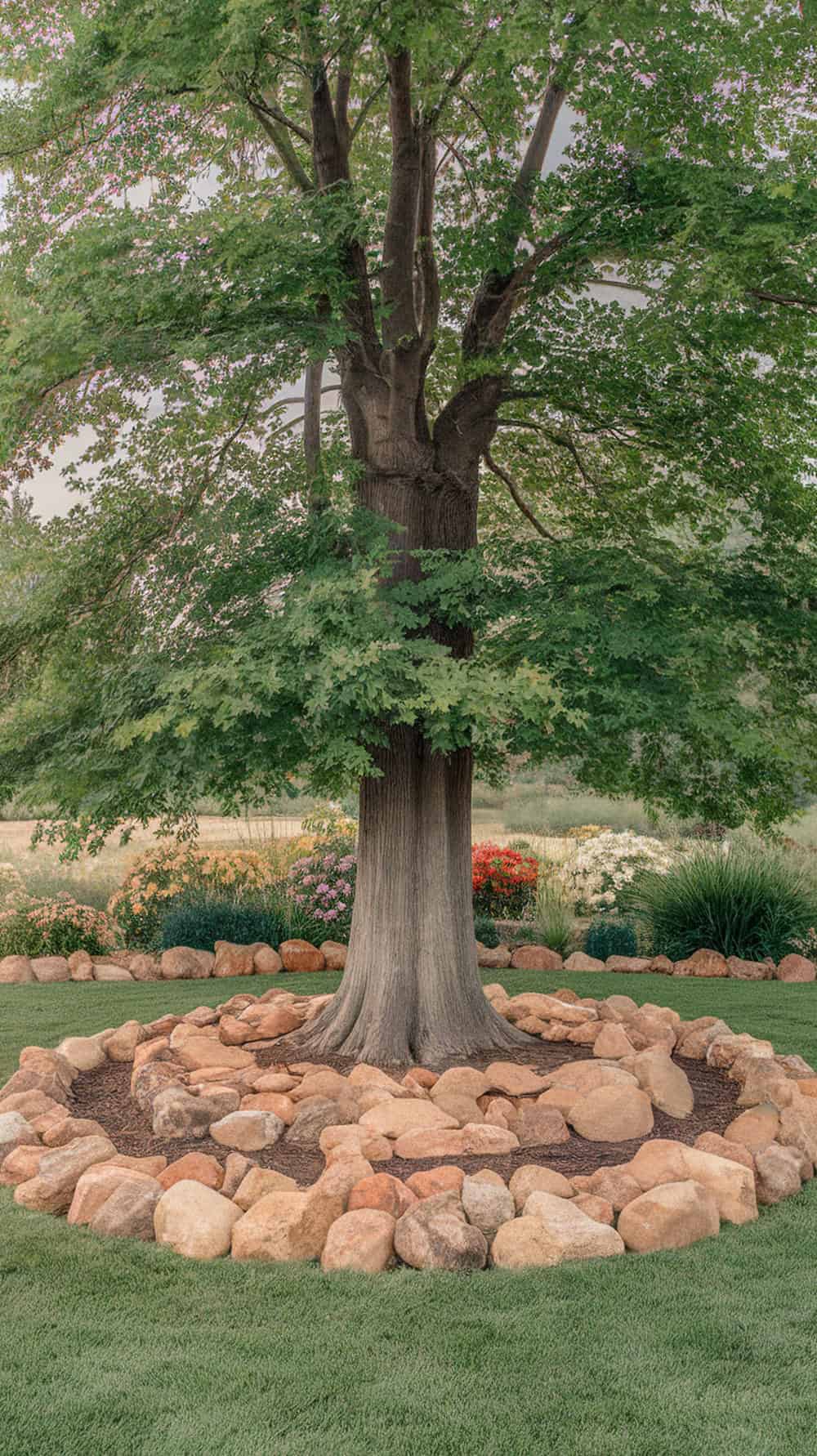A large tree surrounded by a circular arrangement of rocks in a front yard.