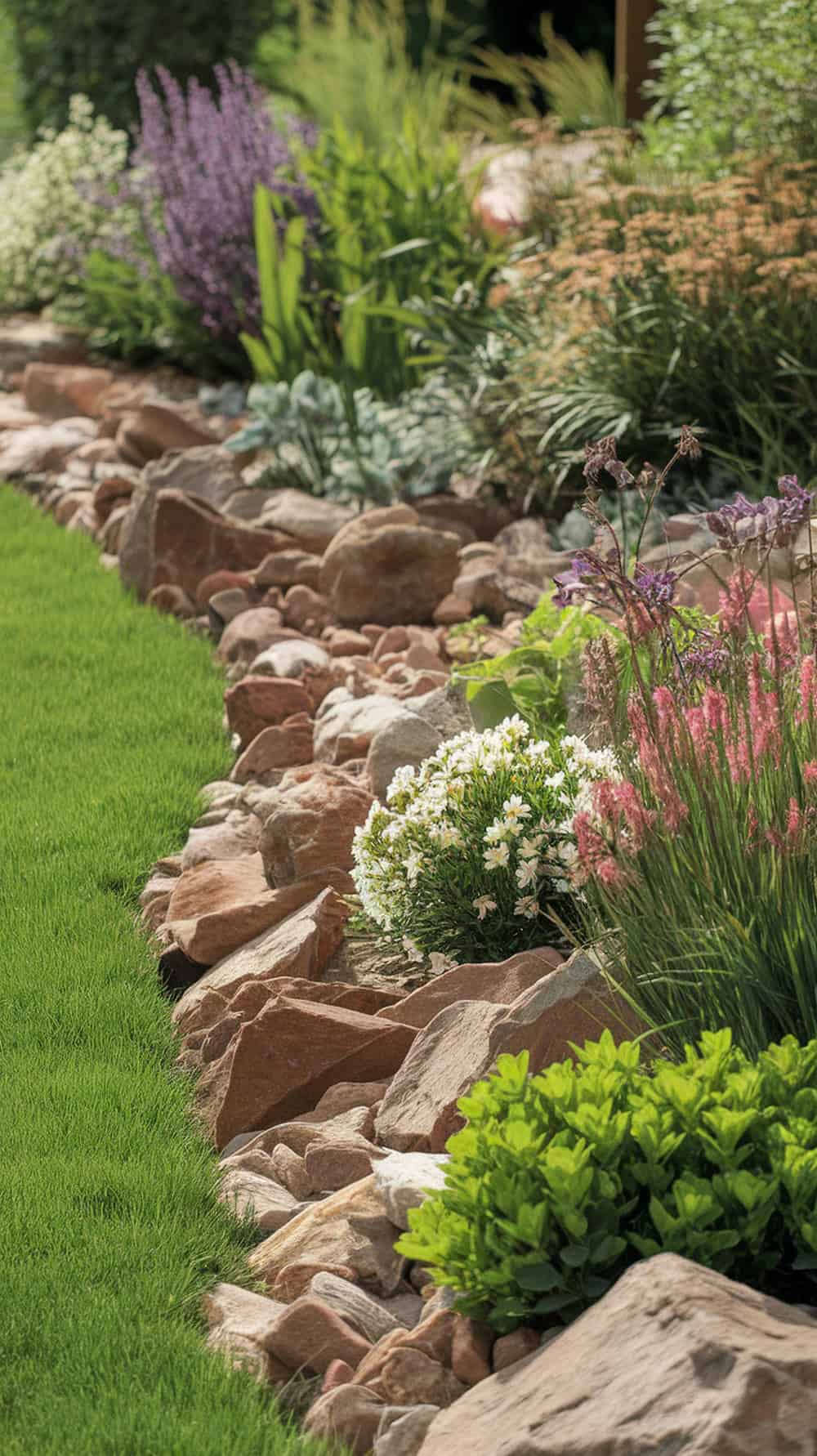 Rock edge landscaping with flowers and green grass