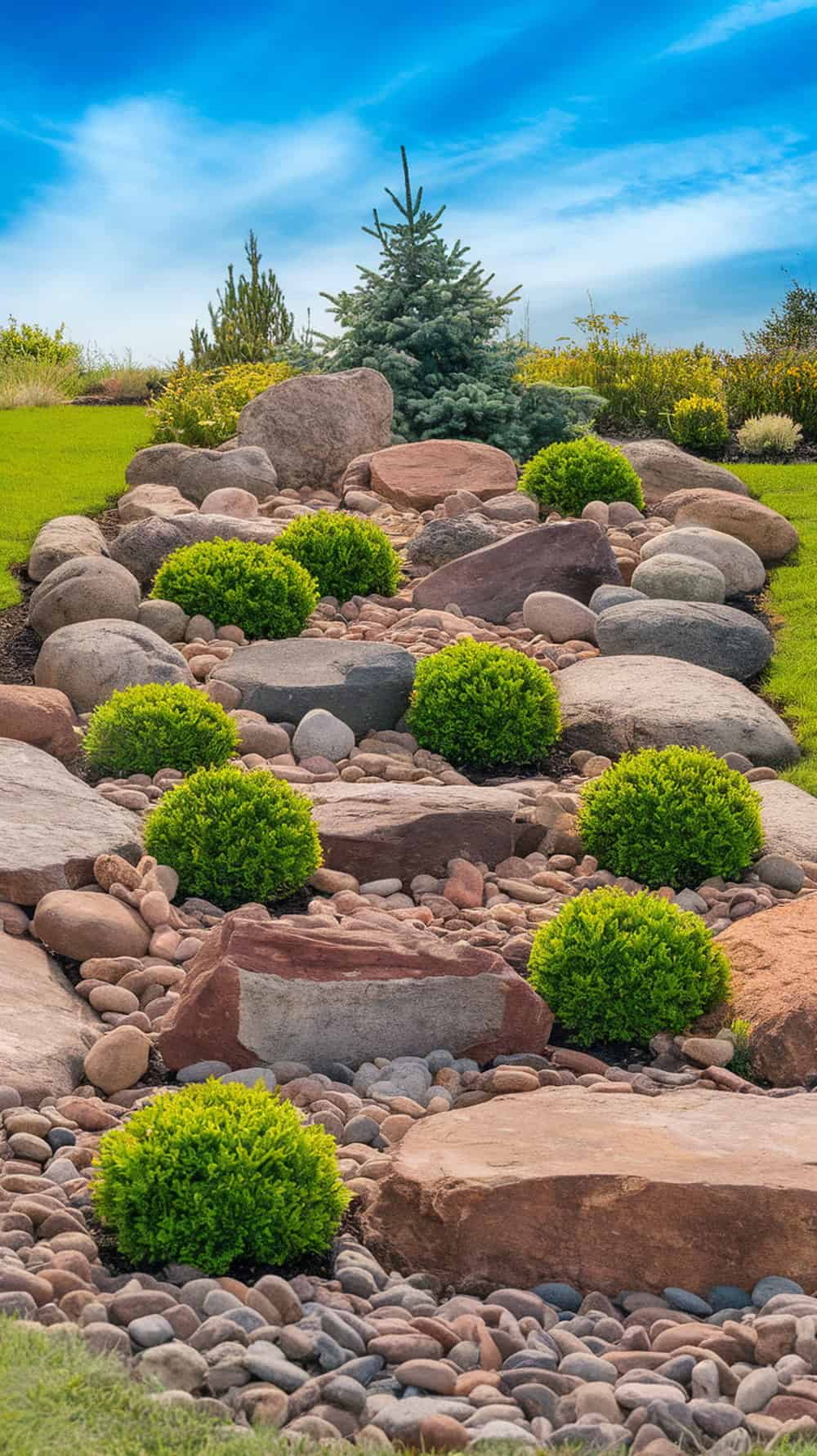 A front yard with a rock grouping and small evergreen bushes.