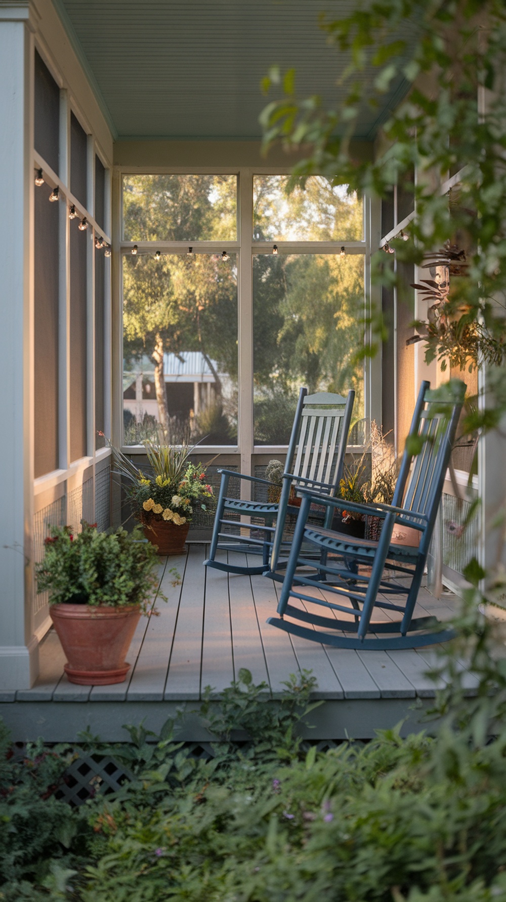 Two rocking chairs with soft seat pads on a screened-in porch surrounded by plants.