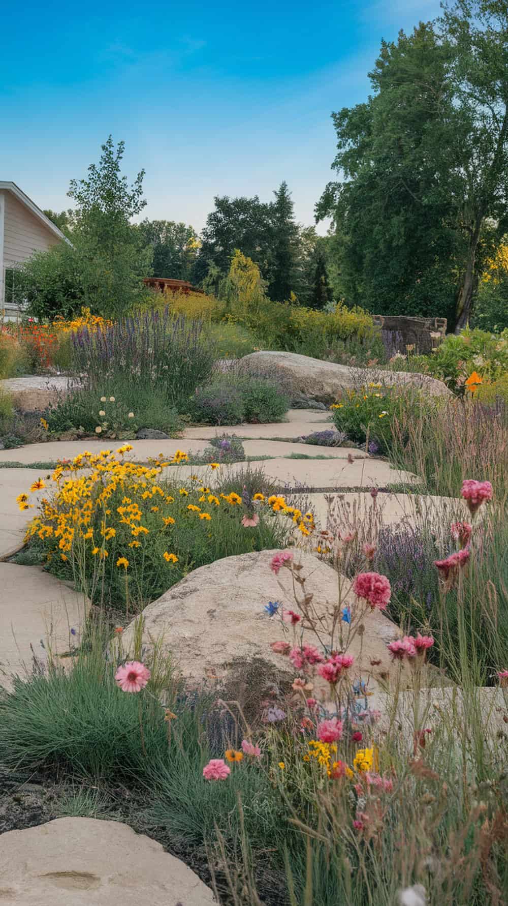 A vibrant front yard with large rocks surrounded by colorful wildflowers.