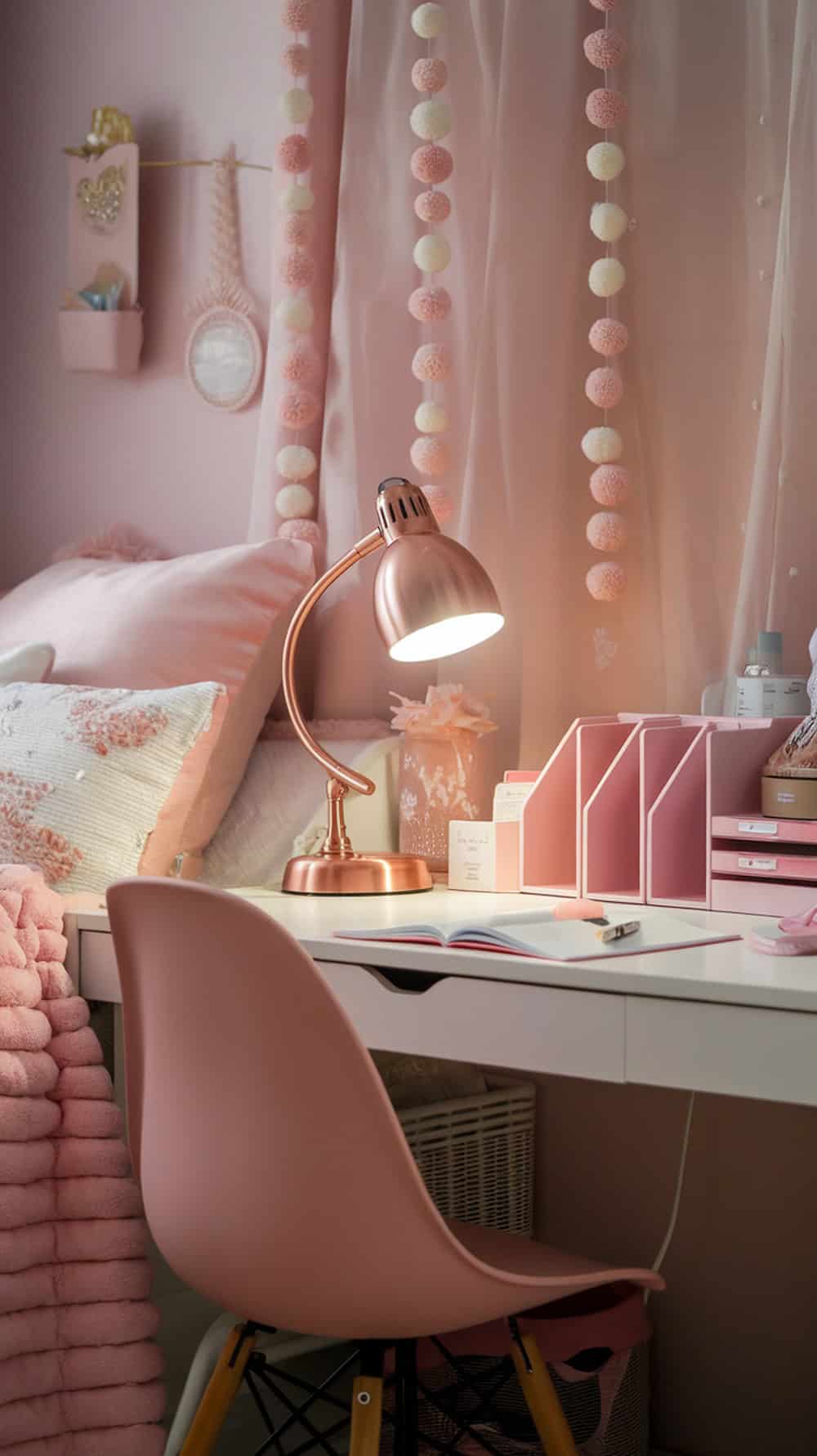 A cozy and stylish pink dorm room workspace featuring a rose gold desk lamp and pink organizers.