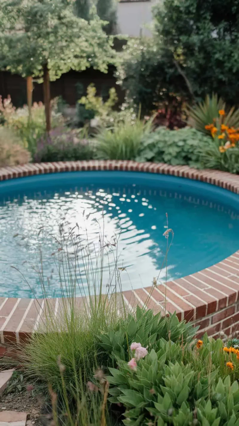 A round pool with a brick border surrounded by plants and flowers.