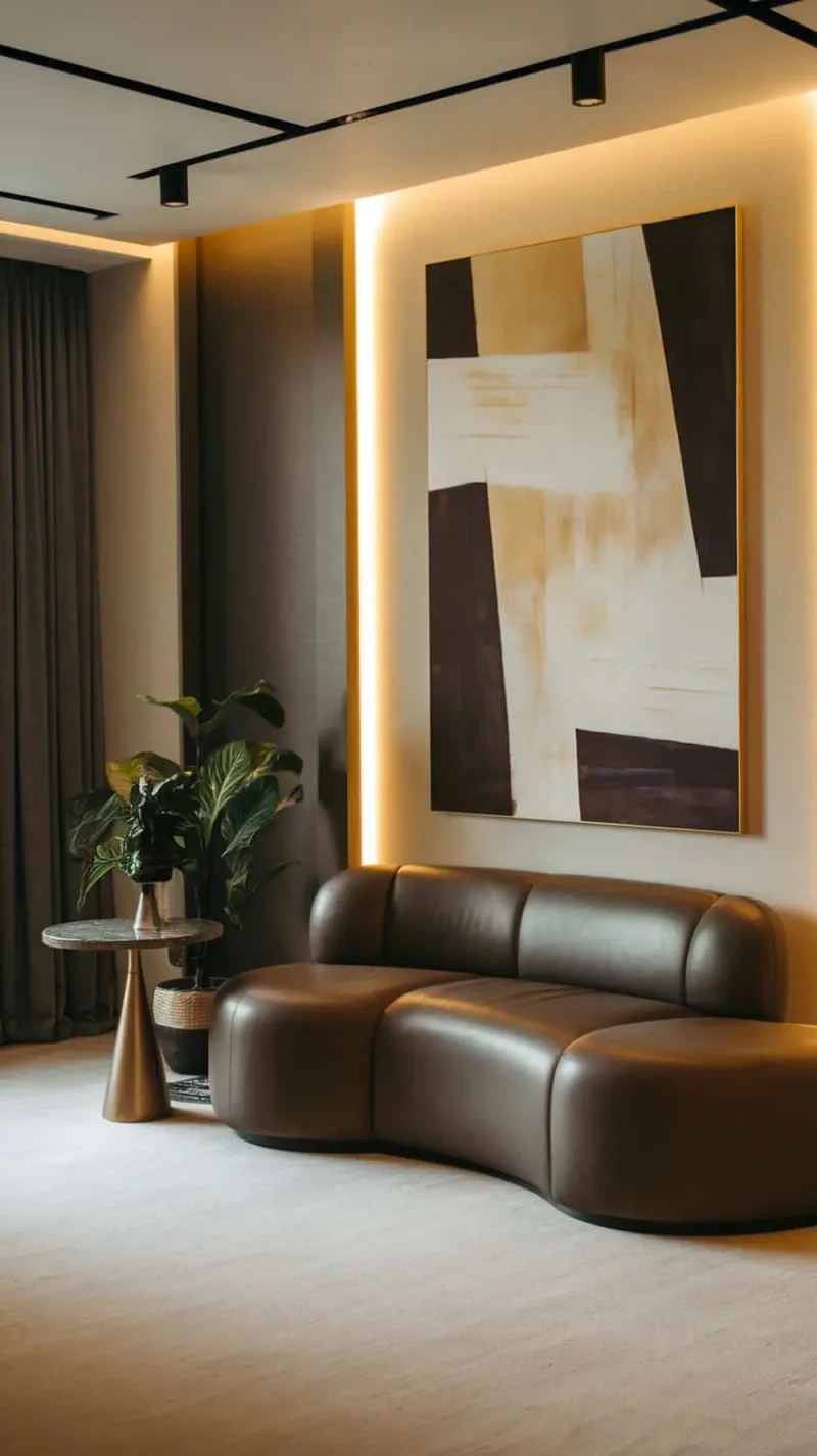 A rounded corner L-shape sofa in smooth brown fabric, paired with a stylish side table and a potted plant, set against a modern living room backdrop.