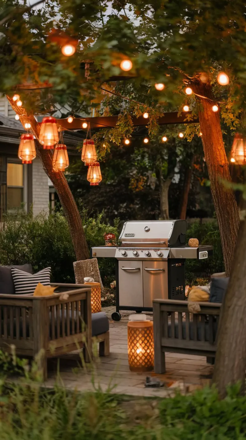 A rustic backyard BBQ area featuring wooden furniture, lanterns, and a grill, surrounded by greenery.