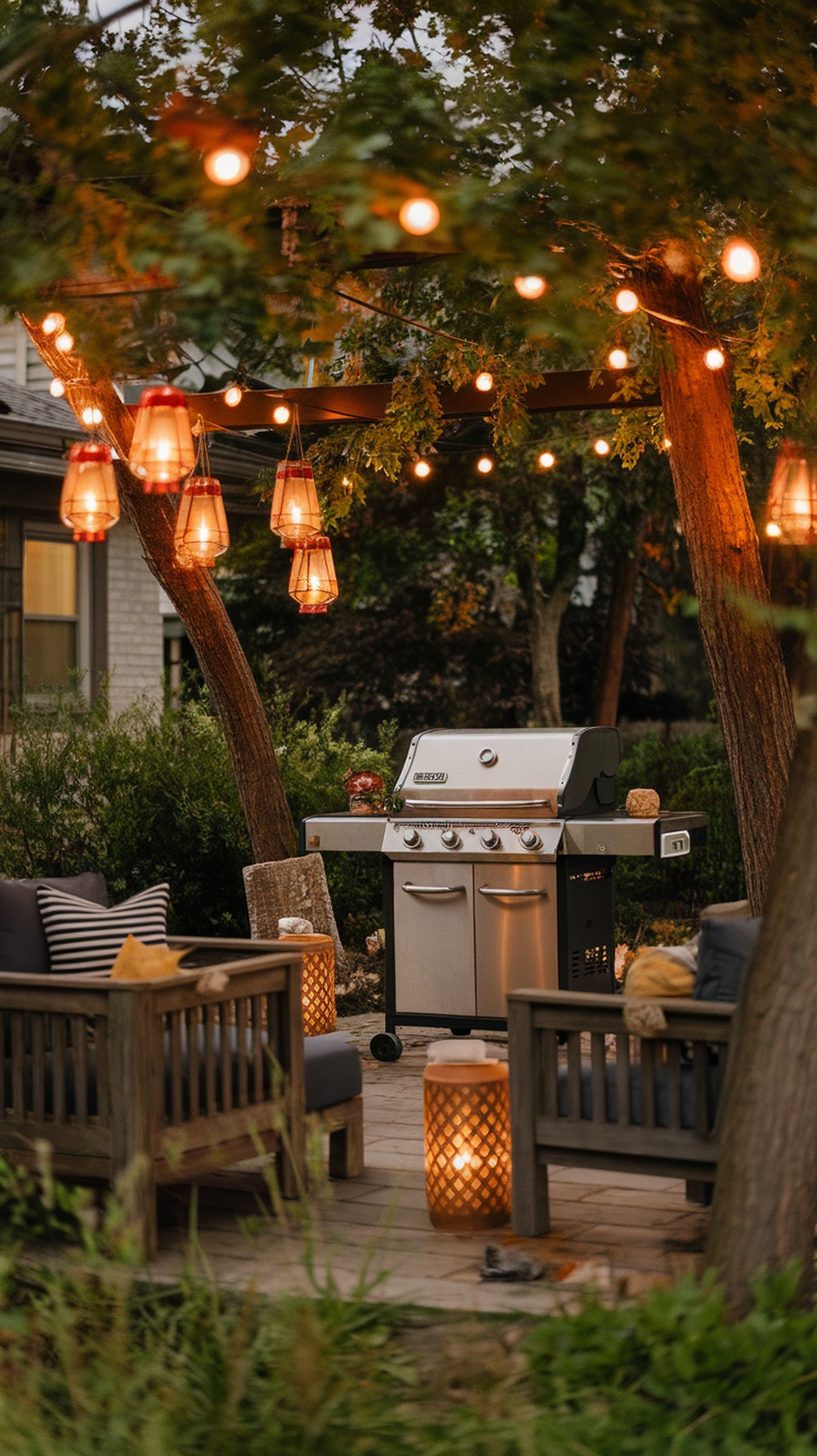 A rustic backyard BBQ area featuring wooden furniture, lanterns, and a grill, surrounded by greenery.