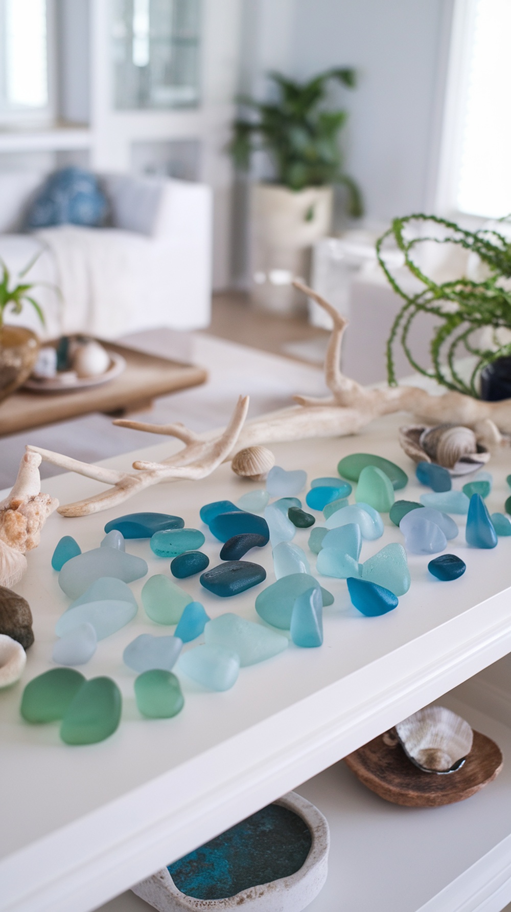 Display of sea glass in shades of blue and green on open shelves