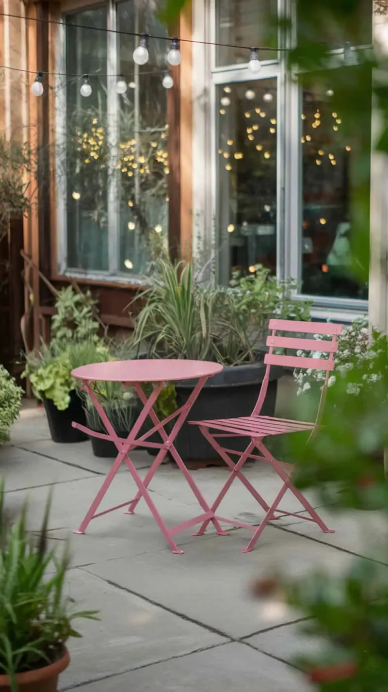 A pink bistro set on a patio surrounded by greenery and string lights.