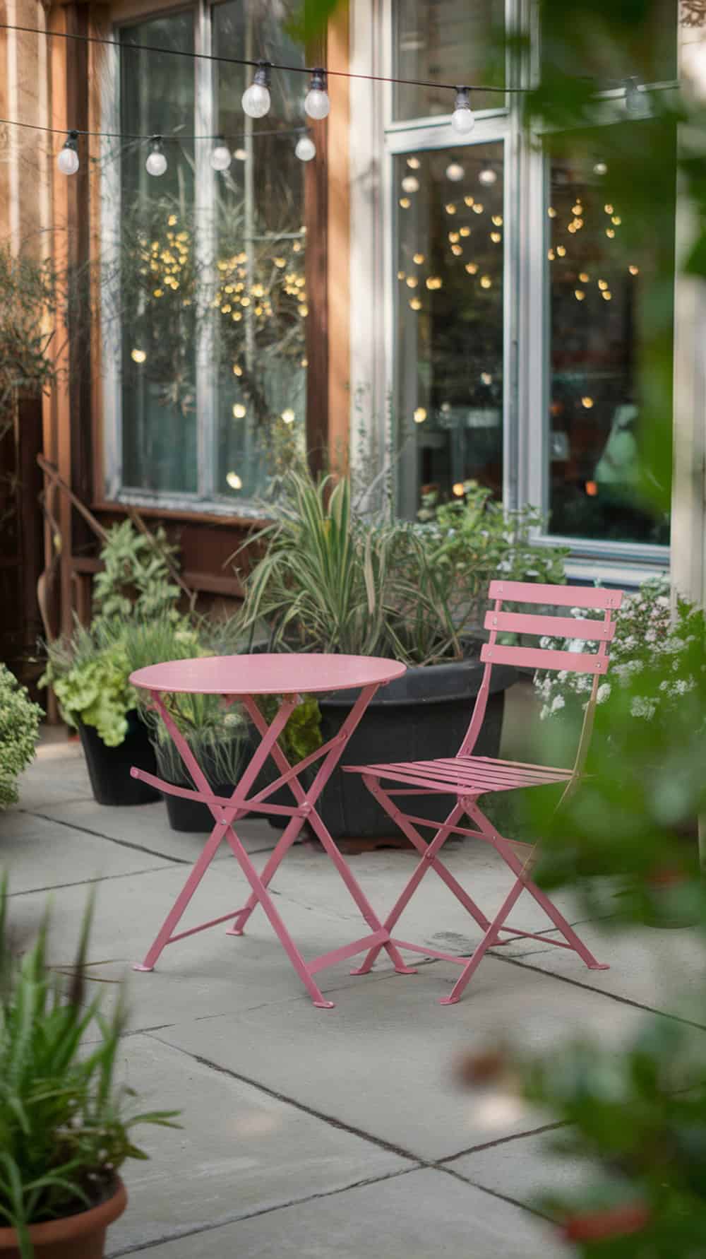 A pink bistro set on a patio surrounded by greenery and string lights.