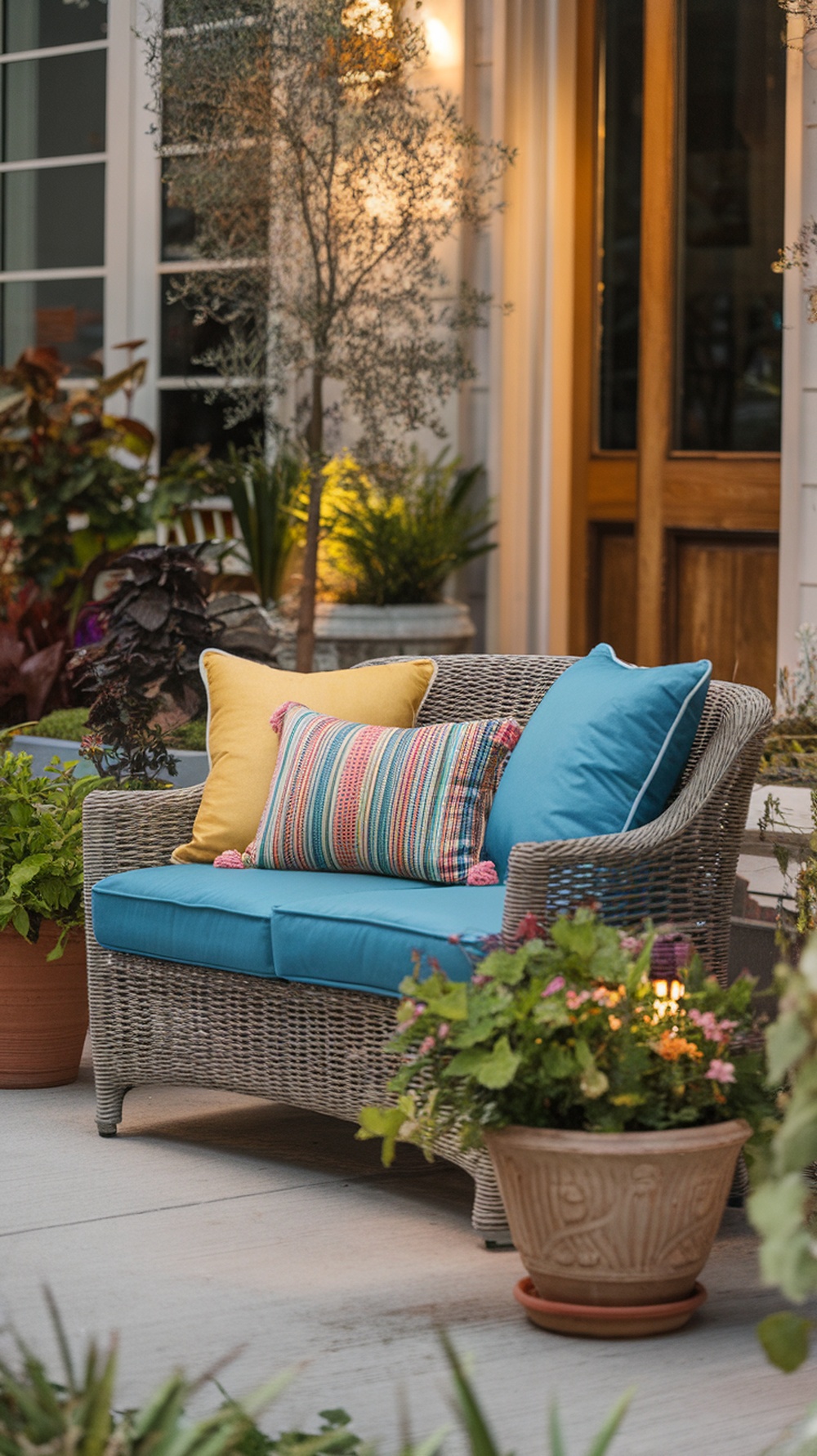 A cozy loveseat with colorful pillows on a front porch surrounded by plants.