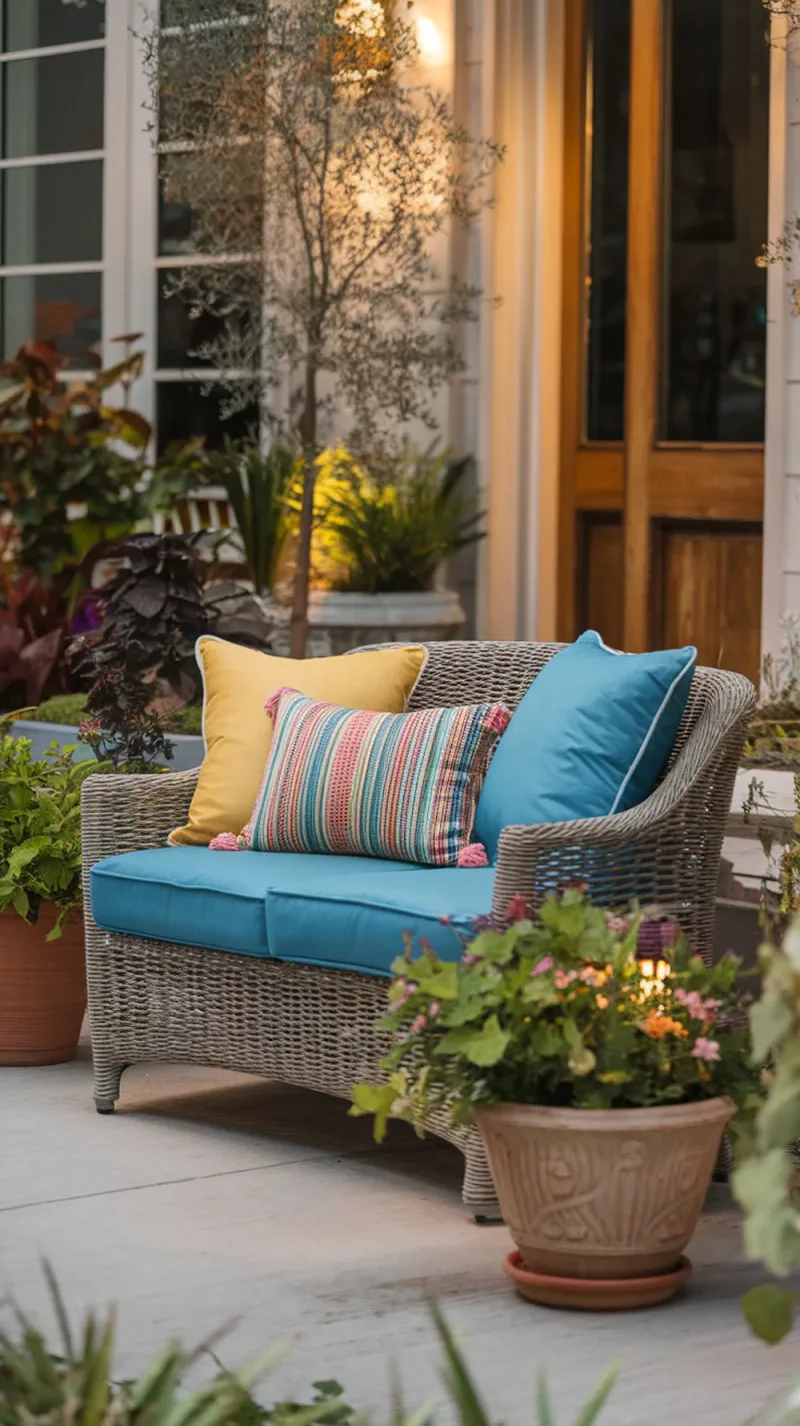 A cozy loveseat with colorful pillows on a front porch surrounded by plants.
